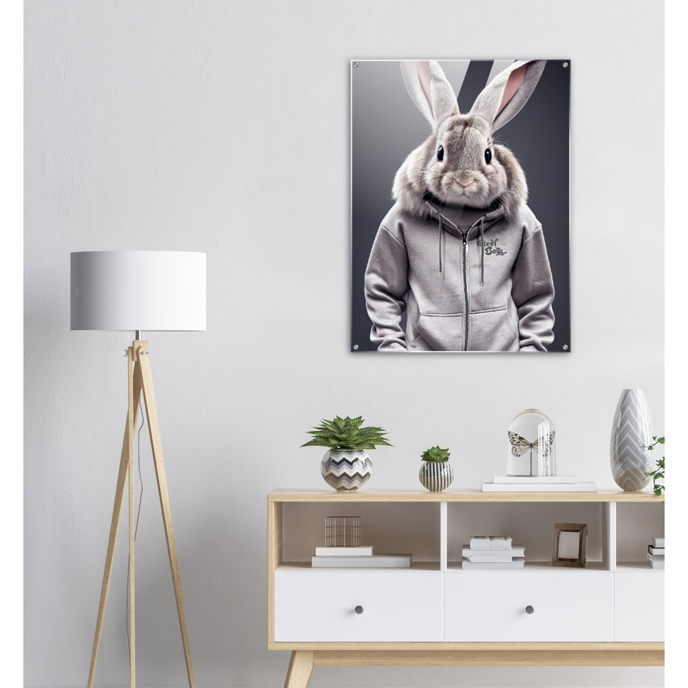 Acrylbild - Bunny in grey Tracksuit - "Titus" - Fashion Gang - Acryldruck - Ostern - Geschenkidee - Osterhase - Bunny Crew: "Titus" - "Caesar" - "Constantin" - "Cleo" - Weisser Hase - Easter Bunny - Cute - grey tracksuit - sweats - Alice's Adventures in Wonderland - Modemarke - Pixelboys Brand - Constantin der Hase - Hase - Kaninchen  - Künstler: "Pixelboys" - Atelier - Germany - Berlin - Hamburg - Colgne - France - Paris - Italy - Rom - USA - America - New York City - Los Angeles - Chicago - 