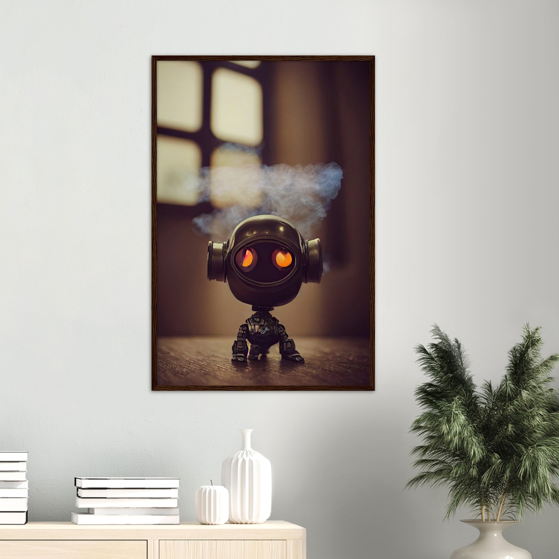 Poster mit Rahmen (Holz) - in Museumsqualität - Tiny robot - with smoke around his head - "Tiny Tim" - Wandbild - Customizable Coffee Cup - Personalized Gifts - Kunstdruck - Rauchender Roboter - Steampunk - Acryldruck - Smoking Robots - Personalized Gifts - Poster with frame - nr.5 lebt - zukunft - Kunstwerk - Office Poster - Poster mit Rahmen - Kaffee Tasse  - Bedruckte Tassen - Kunst Marke - Art Brand - Wandbild - Kunstdrucke - Künstler: John Grayst & Pixelboys - emotional robots - Geschenkidee -