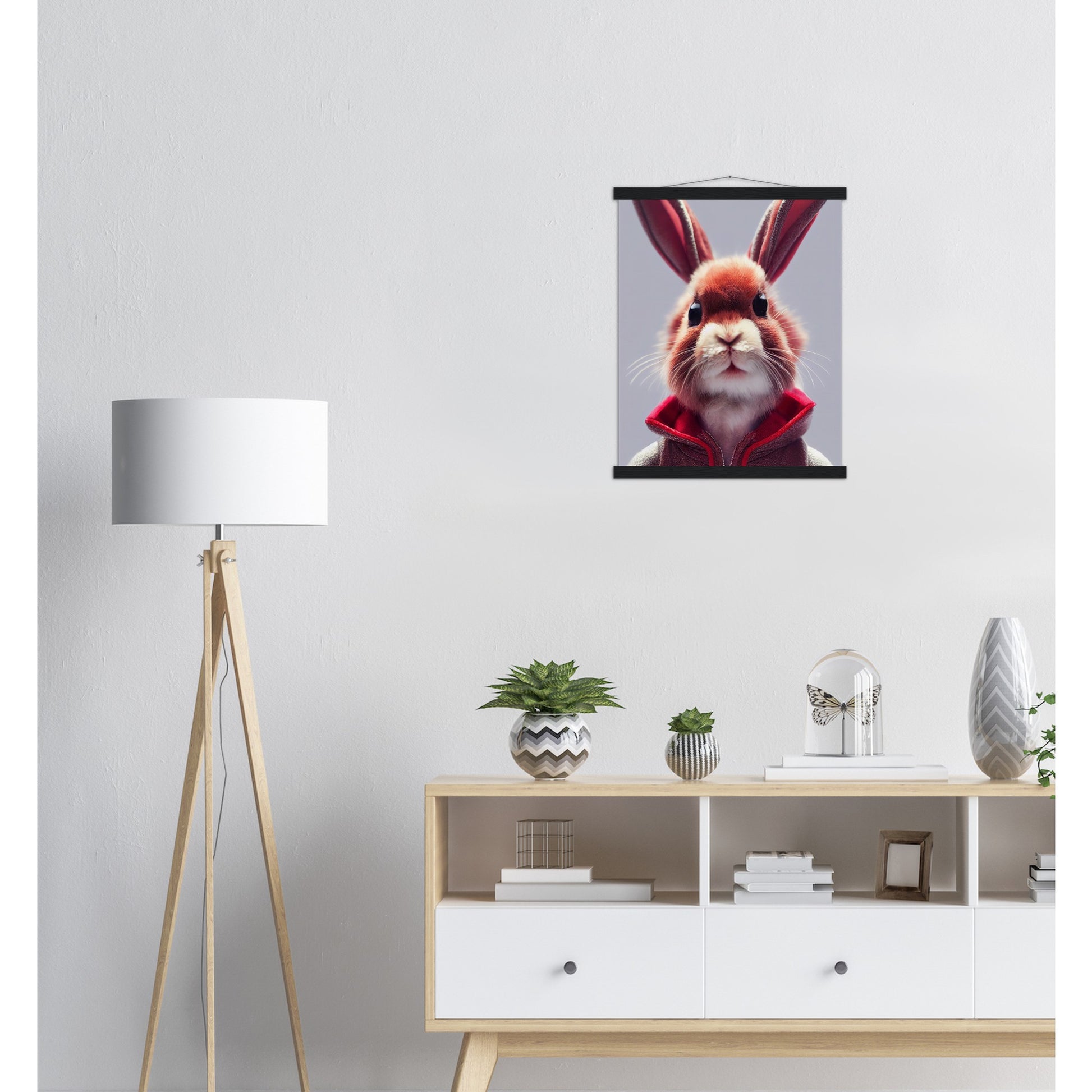 Poster mit Leisten (Holz)- Museumsqualität - Bunny in grey red tracksuit - "Julius" - personalized mug - customized mug - Cute rabbit - Marke:- Pixelboys - Brand - Art Prints - Marke - Wandkunst - Papierstärke: 250g/qm - Wall Art - Bunny crew - Skater Betty - Hasen Gang - Original - Künstler:Pixelboys - Poster with frame - Office Poster - Acrylkunst - Trend - Wandschmuck - Acrylbild - Atelier Canada - 