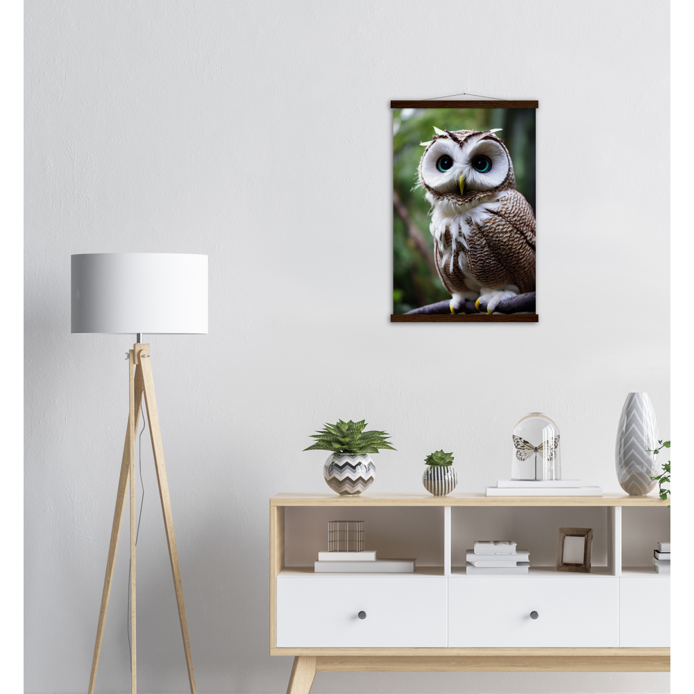 Poster mit Leisten (Holz) - Fruit Owl No.6 - "Cornelius", the coconut owl - Wandkunst - Museumsqualität - Kunstdruck - Kokusnuseule - Kokosnuss-Uhu (lat. bubo vaccinium)  - Acryldruck - Fruchteulen - coconut owl - Vogel - Uhu - Bird - Strigiformes - Noctua - Ornithologie - Kunstwerk  - Office Poster - Poster mit Rahmen - Kaffee Tasse - Poster mit Leisten - Bedruckte Tassen - Kunst Marke - Art Brand - Wandbild - Kunstdrucke - Papier: 250g/qm - Künstler: John Grayst & Pixelboys - Eulen - Owl - Geschenkidee - 