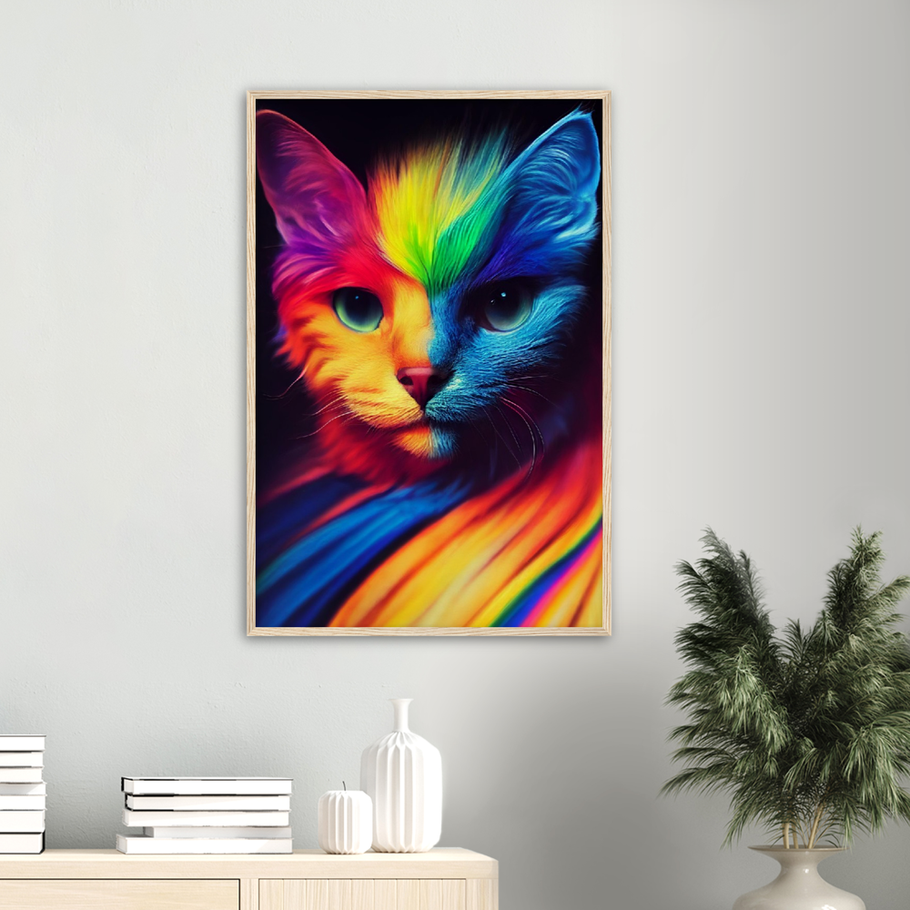 Poster mit Rahmen - Farbenfrohe Regenbogen Katze "Kitty" Poster Set mit Holzrahmen - In vielen verschiedenen Größen - auch in XXL verfügbar!