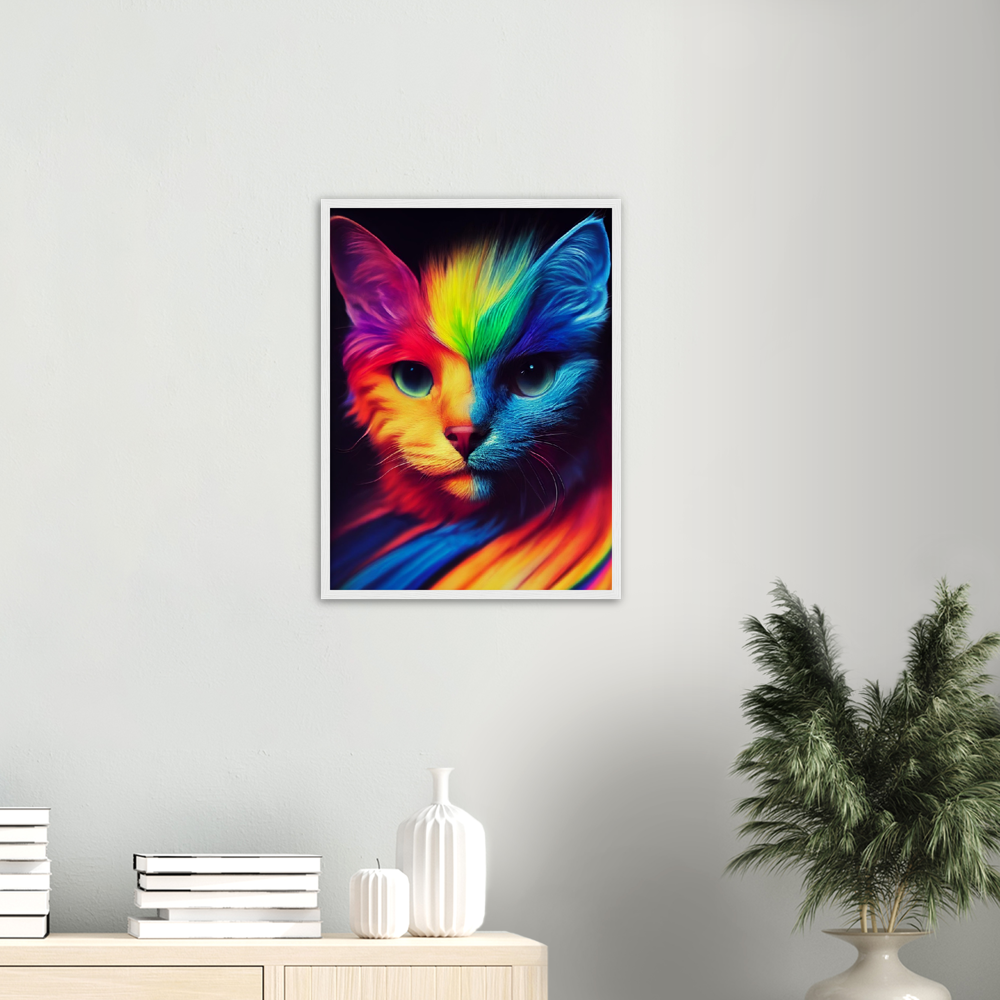 Poster mit Rahmen - Farbenfrohe Regenbogen Katze "Kitty" Poster Set mit Holzrahmen - In vielen verschiedenen Größen - auch in XXL verfügbar!