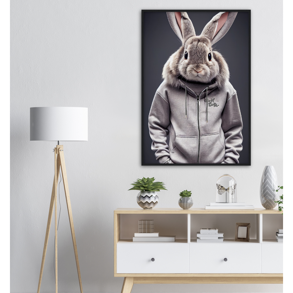 Poster mit Rahmen (Holz) - Bunny in grey Tracksuit - "Titus" - Fashion Gang - Wandbild - Ostern - Geschenkidee - Osterhase - Bunny Crew: "Titus" - "Caesar" - "Constantin" - "Cleo" - Weisser Hase - Easter Bunny - Cute - grey tracksuit - sweats - Alice's Adventures in Wonderland - Modemarke - Pixelboys Brand - Titus der Hase - Hase - Kaninchen  - Künstler: "Pixelboys" - Atelier - Germany - Berlin - Hamburg - Colgne - France - Paris - Italy - Rom - USA - America - New York City - Los Angeles - Chicago - 