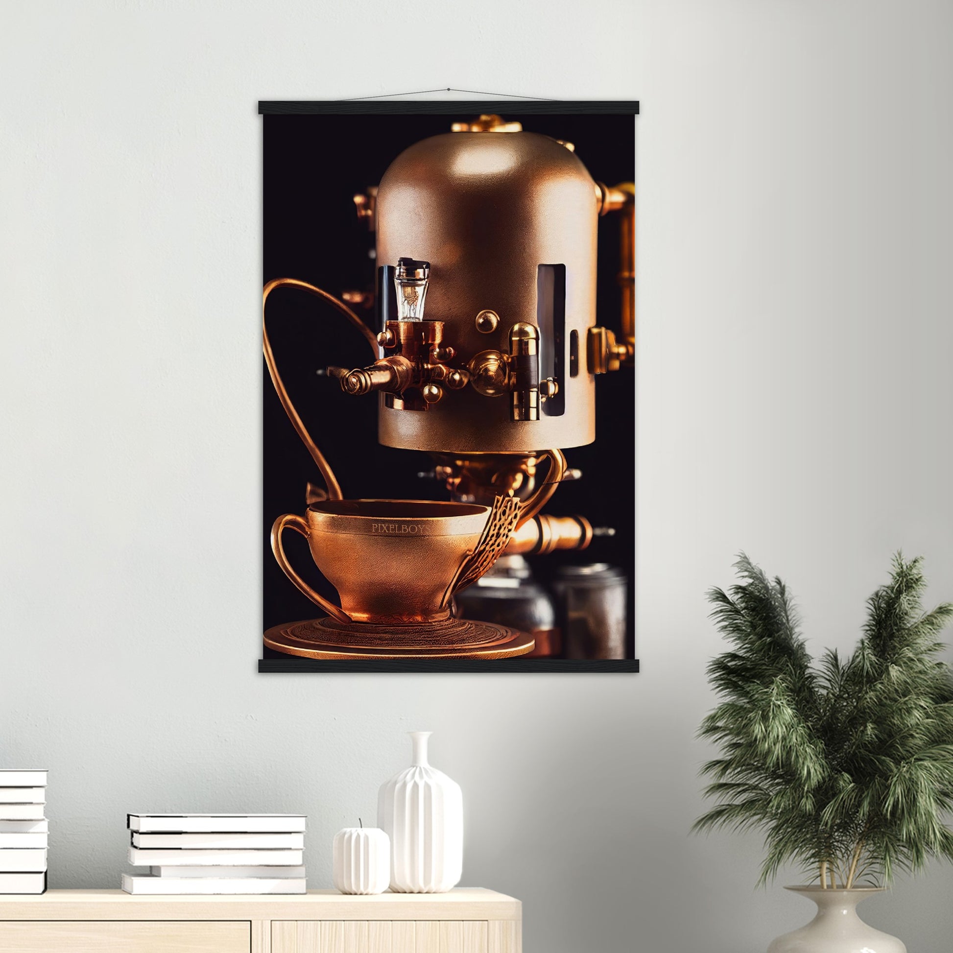 Poster mit Leisten (Holz) - Steampunk - Coffee Maker - No.7 - Collection Cup - Pixelboys - Wandbild - Kunstwerk - Hotelkunst - Kunst auf Postern - Fine Art - Steampunk - Future - Maschine - Poster with frame - Office Poster - Art Brand - Pixelboys - Coffee House - Restaurant Poster - Wall Art - Kunstdruck - Geschenkidee - Kunst auf Acrylglas - Future Coffee Cup - Personalisierbare Tasse - Gastro Tasse - exklusiv - Acryldruck - Gastronomie Poster - Hotelposter - Teestube - Steam Punk Kitchen -   