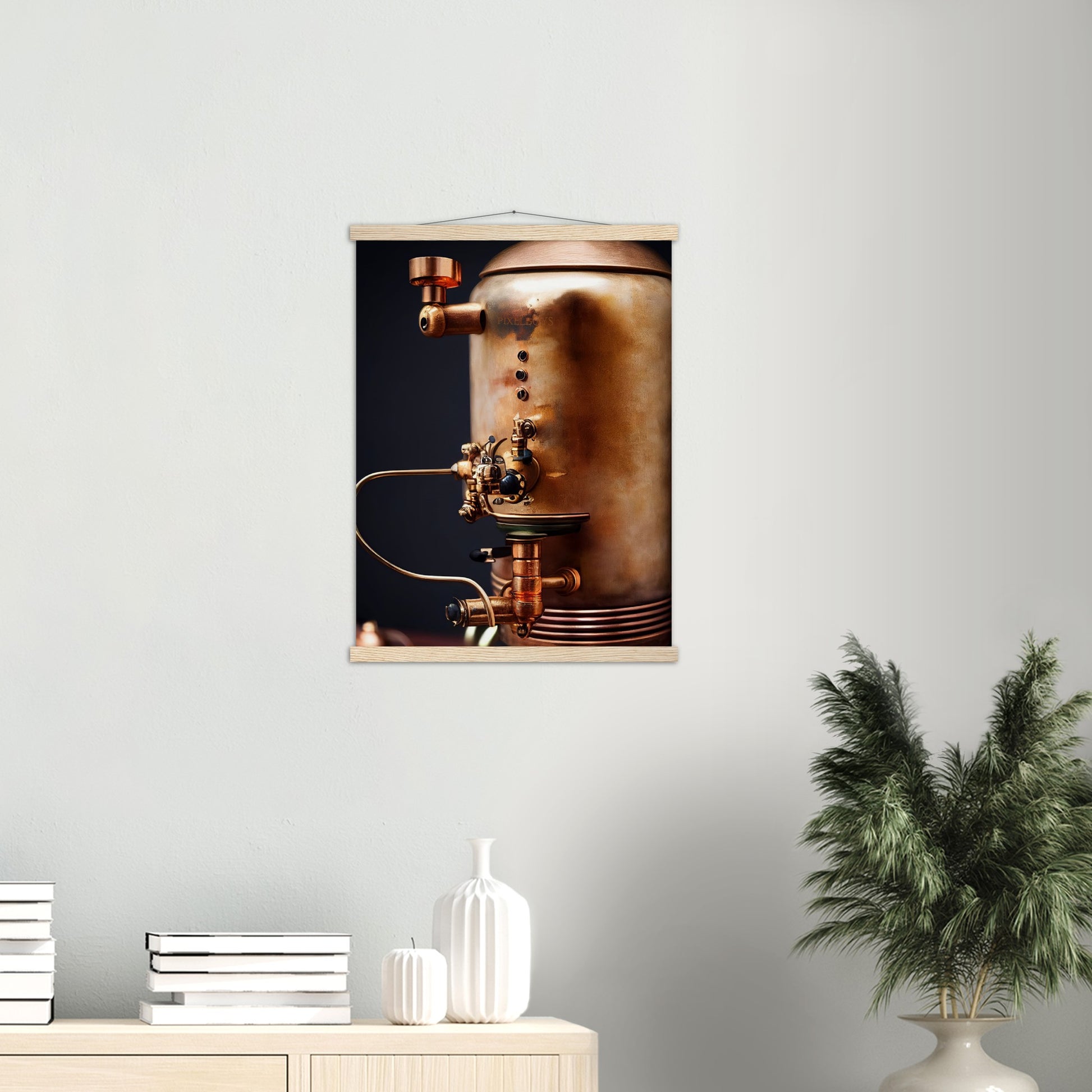 Poster mit Leisten (Holz) - Steampunk - Coffee Maker - No.5 - Collection Cup - Pixelboys - Wandbild - Kunstwerk - Hotelkunst - Kunst auf Postern - Fine Art - Steampunk - Future - Maschine - Poster with frame - Office Poster - Art Brand - Pixelboys - Coffee House - Restaurant Poster - Wall Art - Kunstdruck - Geschenkidee - Kunst auf Acrylglas - Future Coffee Cup - Personalisierbare Tasse - Gastro Tasse - exklusiv - Acryldruck - Gastronomie Poster - Hotelposter - Steam Punk Kitchen -   