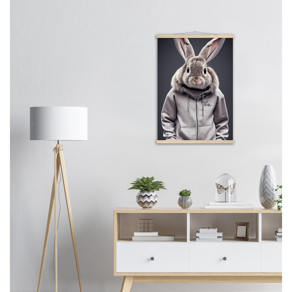 Poster mit Leisten (Holz) - Bunny in grey Tracksuit - "Titus" - Fashion Gang - Wandbild - Ostern - Geschenkidee - Osterhase - Bunny Crew: "Titus" - "Caesar" - "Constantin" - "Cleo" - Weisser Hase - Easter Bunny - Cute - grey tracksuit - sweats - Alice's Adventures in Wonderland - Modemarke - Pixelboys Brand - Constantin der Hase - Hase - Kaninchen  - Künstler: "Pixelboys" - Atelier - Germany - Berlin - Hamburg - Colgne - France - Paris - Italy - Rom - USA - America - New York City - Los Angeles - Chicago - 