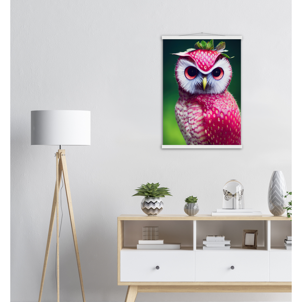 Poster mit Leisten (Holz) - Fruit Owl No. 2 - "Berry", the Strawberry Owl - Serie Fruit Owls - Wandkunst - Kunstdruck - (fiktiv: lat.  Pulsatrix Fragaria) - Erdbeere - Schleiereulen - Fruchteulen - Vogel - Bird - Strigiformes - Noctua - Ornithologie - Kunstwerk  - Office Poster - Poster mit Rahmen - Kaffee Tasse - Poster mit Leisten - Bedruckte Tassen - Kunst Marke - Art Brand - Acrylbild - Wandbild - Kunstdrucke - Papier: 250g/qm - Künstler: John Grayst & Pixelboys - Eulen - Owl - Geschenkidee - 