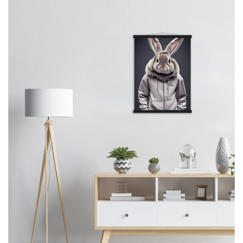 Poster mit Leisten (Holz) - Bunny in grey Tracksuit - "Titus" - Fashion Gang - Wandbild - Ostern - Geschenkidee - Osterhase - Bunny Crew: "Titus" - "Caesar" - "Constantin" - "Cleo" - Weisser Hase - Easter Bunny - Cute - grey tracksuit - sweats - Alice's Adventures in Wonderland - Modemarke - Pixelboys Brand - Constantin der Hase - Hase - Kaninchen  - Künstler: "Pixelboys" - Atelier - Germany - Berlin - Hamburg - Colgne - France - Paris - Italy - Rom - USA - America - New York City - Los Angeles - Chicago - 