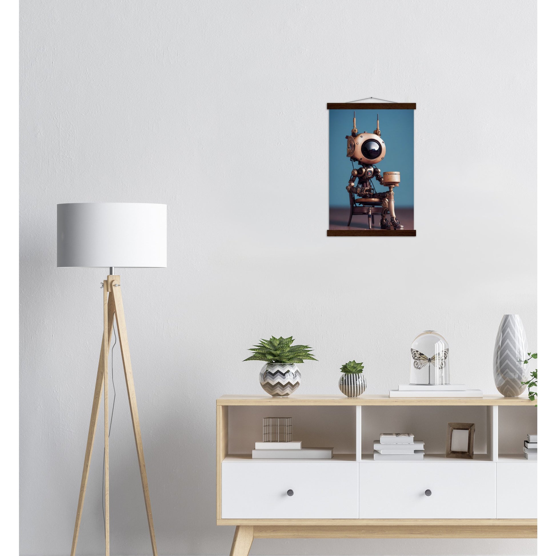 Poster mit Leisten (Holz) in Museumsqualität - Tiny robot with a present - "Tiny Sam" - Wandbild - Customizable Coffee Cup - Personalized Gifts - Kunstdruck - Roboter mit Geschenk - Steampunk - Acryldruck - Present Robots - Personalized Gifts - Poster with frame - nr.5 lebt - zukunft - Kunstwerk - Office Poster - Poster mit Rahmen - Kaffee Tasse  - Bedruckte Tassen - Kunst Marke - Art Brand - Wandbild - Kunstdrucke - Künstler: John Grayst & Pixelboys - emotional robots - Geschenkidee - Wall Art -