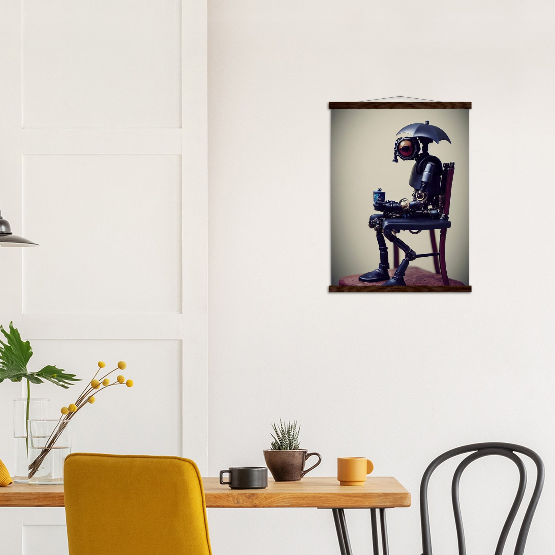  Poster mit Leisten (Holz) in Museumsqualität - Tiny robot with an umbrella "Louis" - Regenschirm - Acryldruck - Wandkunst - Customizable Coffee Cup - Personalized Gifts - Kunstdruck - Kleine Roboter - Acryldruck - Little Robots - Personalized Gifts - Tiny  - Steampunk - zukunft - Poster with frame - Kunstwerk - Office Poster - Poster mit Rahmen - Kaffee Tasse - Poster - Bedruckte Tassen - Kunst Marke - Art Brand - Kunstdrucke - Künstler: John Grayst & Pixelboys - emotional robots - Geschenkidee -