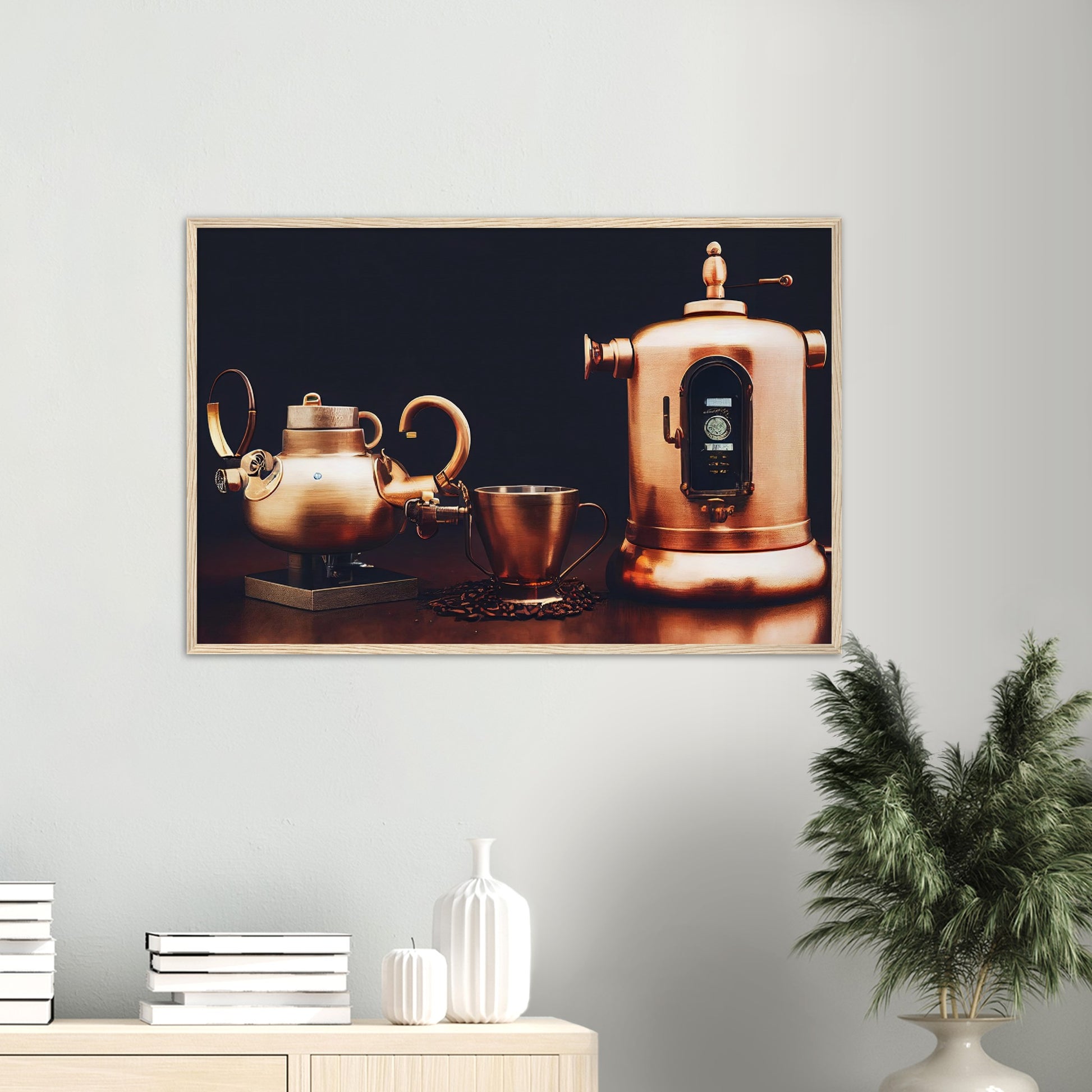 Poster mit Rahmen (Holz) - in Museumsqualität - Steampunk - Coffee Maker - No.4 - Collection Cup - Pixelboys - Wandbild - Kunstwerk - Hotelkunst - Kunst auf Postern - Fine Art - Steampunk - Future - Maschine - Poster with frame - Office Poster - Art Brand - Pixelboys - Coffee House - Restaurant Poster - Wall Art - Kunstdruck - Geschenkidee - Kunst auf Acrylglas - Future Coffee Cup - Personalisierbare Tasse - Gastro Tasse - exklusiv - Gastronomie Poster - Hotelposter - Steam Punk Kitchen - Acryldruck