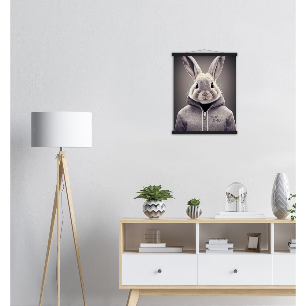 Poster mit Leisten (Holz) - Bunny in grey Hoodie - "Constantin" - Fashion Gang - Wandbild - Ostern - Geschenkidee - Osterhase - Bunny Crew: "Constantin" - "Caesar" - "Titus" - "Cleo" - Weisser Hase - Easter Bunny - Cute - grey Hoodie - sweats - Alice's Adventures in Wonderland - Modemarke - Pixelboys Brand - Constantin der Hase - Hase - Kaninchen  - Künstler: "Pixelboys" - Atelier - Germany - Berlin - Hamburg - Colgne - France - Paris - Italy - Rom - USA - America - New York City - Los Angeles - Chicago - 