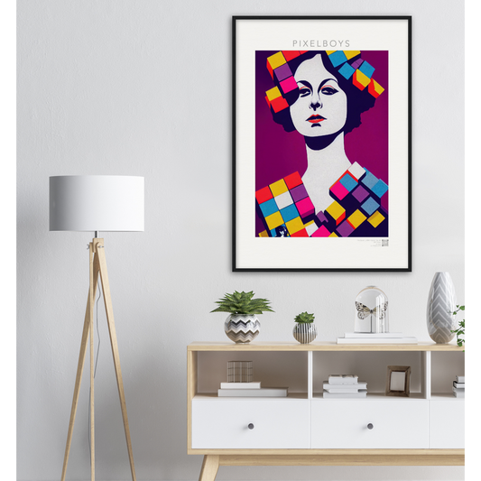 Poster mit Rahmen (Holz) - The Queen No.2 - HRH in cubes - Kunstdruck - 250g/qm - Queen Elisabeth II - Monarch - HRH - His/Her Royal Highness - Groß Britannien - Commonwealth - The Royal Family - Wandbild - Kubismus - synthetischen Kubismus - Georges Braque - Künstler: "John Grayst" - Atelier - UK - GB - London - 