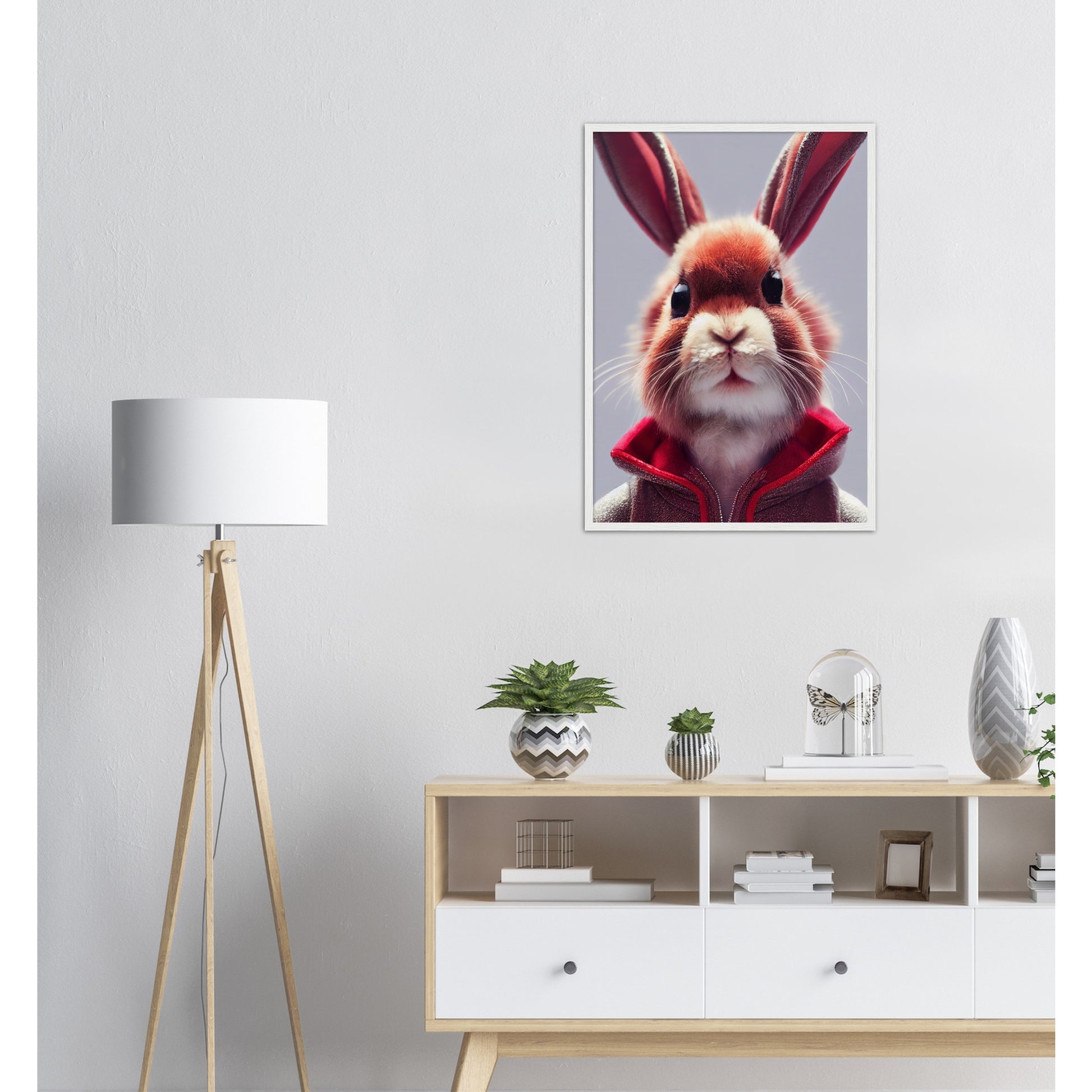 Poster mit Rahmen (Holz)- Museumsqualität - Bunny in grey red tracksuit - "Julius" - personalized mug - customized mug - Cute rabbit - Marke:- Pixelboys - Brand - Art Prints - Marke - Wandkunst - Papierstärke: 250g/qm - Wall Art - Bunny crey - Skater Betty - Hasen Gang - Original - Künstler:Pixelboys - Poster with frame - Office Poster - Trend - Wandschmuck - Atelier USA - 