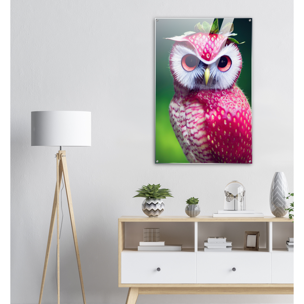 Acrylbild - Fruit Owl No. 2 - "Berry", the Strawberry Owl - Serie Fruit Owls - Wandkunst - Kunstdruck - (fiktiv: lat.  Pulsatrix Fragaria) - Erdbeere - Schleiereulen - Fruchteulen - Vogel - Bird - Strigiformes - Noctua - Ornithologie - Kunstwerk  - Office Poster - Poster mit Rahmen - Kaffee Tasse - Poster mit Leisten - Bedruckte Tassen - Kunst Marke - Art Brand - Acrylbild - Wandbild - Kunstdrucke - Papier: 250g/qm - Künstler: John Grayst & Pixelboys - Eulen - Owl - Geschenkidee - 