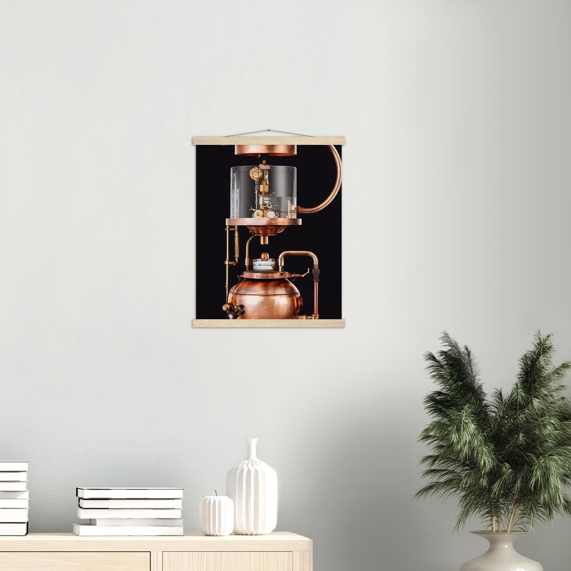 Poster mit Leisten (Holz) - Steampunk - Coffee Maker - No.6 - Collection Cup - Pixelboys - Wandbild - Kunstwerk - Hotelkunst - Kunst auf Postern - Fine Art - Steampunk - Future - Maschine - Poster with frame - Office Poster - Art Brand - Pixelboys - Coffee House - Restaurant Poster - Wall Art - Kunstdruck - Geschenkidee - Kunst auf Acrylglas - Future Coffee Cup - Personalisierbare Tasse - Gastro Tasse - exklusiv - Acryldruck - Gastronomie Poster - Hotelposter - Teestube - Steam Punk Kitchen -   