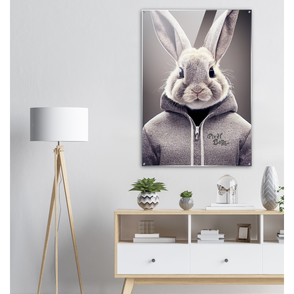 Acrylbild - Bunny in grey Hoodie - "Constantin" - Fashion Gang - Acryldruck - Ostern - Geschenkidee - Osterhase - Bunny Crew: "Constantin" - "Caesar" - "Titus" - "Cleo" - Weisser Hase - Easter Bunny - Cute - grey Hoodie - sweats - Alice's Adventures in Wonderland - Modemarke - Pixelboys Brand - Constantin der Hase - Hase - Kaninchen  - Künstler: "Pixelboys" - Atelier - Germany - Berlin - Hamburg - Colgne - France - Paris - Italy - Rom - USA - America - New York City - Los Angeles - Chicago - 