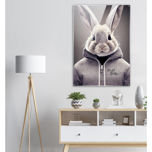 Acrylbild - Bunny in grey Hoodie - "Constantin" - Fashion Gang - Acryldruck - Ostern - Geschenkidee - Osterhase - Bunny Crew: "Constantin" - "Caesar" - "Titus" - "Cleo" - Weisser Hase - Easter Bunny - Cute - grey Hoodie - sweats - Alice's Adventures in Wonderland - Modemarke - Pixelboys Brand - Constantin der Hase - Hase - Kaninchen  - Künstler: "Pixelboys" - Atelier - Germany - Berlin - Hamburg - Colgne - France - Paris - Italy - Rom - USA - America - New York City - Los Angeles - Chicago - 