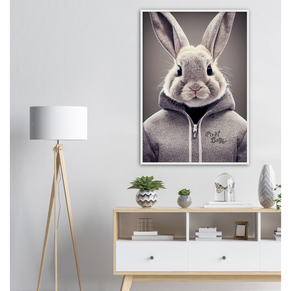 Poster mit Rahmen (Holz) - Bunny in grey Hoodie - "Constantin" - Fashion Gang - Wandbild - Ostern - Geschenkidee - Osterhase - Bunny Crew: "Constantin" - "Caesar" - "Titus" - "Cleo" - Weisser Hase - Easter Bunny - Cute - grey Hoodie - sweats - Alice's Adventures in Wonderland - Modemarke - Pixelboys Brand - Constantin der Hase - Hase - Kaninchen  - Künstler: "Pixelboys" - Atelier - Germany - Berlin - Hamburg - Colgne - France - Paris - Italy - Rom - USA - America - New York City - Los Angeles - Chicago - 