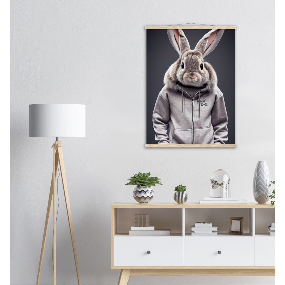 Poster mit Leisten (Holz) - Bunny in grey Tracksuit - "Titus" - Fashion Gang - Wandbild - Ostern - Geschenkidee - Osterhase - Bunny Crew: "Titus" - "Caesar" - "Constantin" - "Cleo" - Weisser Hase - Easter Bunny - Cute - grey tracksuit - sweats - Alice's Adventures in Wonderland - Modemarke - Pixelboys Brand - Constantin der Hase - Hase - Kaninchen  - Künstler: "Pixelboys" - Atelier - Germany - Berlin - Hamburg - Colgne - France - Paris - Italy - Rom - USA - America - New York City - Los Angeles - Chicago - 