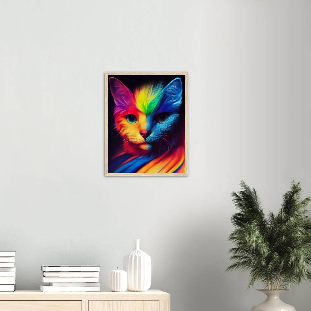 Poster mit Rahmen - Farbenfrohe Regenbogen Katze "Kitty" Poster Set mit Holzrahmen - In vielen verschiedenen Größen - auch in XXL verfügbar!