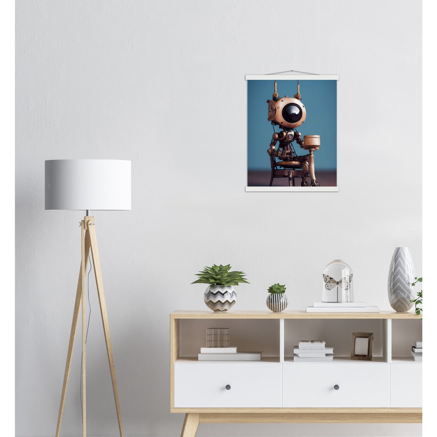 Poster mit Leisten (Holz) in Museumsqualität - Tiny robot with a present - "Tiny Sam" - Wandbild - Customizable Coffee Cup - Personalized Gifts - Kunstdruck - Roboter mit Geschenk - Steampunk - Acryldruck - Present Robots - Personalized Gifts - Poster with frame - nr.5 lebt - zukunft - Kunstwerk - Office Poster - Poster mit Rahmen - Kaffee Tasse  - Bedruckte Tassen - Kunst Marke - Art Brand - Wandbild - Kunstdrucke - Künstler: John Grayst & Pixelboys - emotional robots - Geschenkidee - Wall Art -