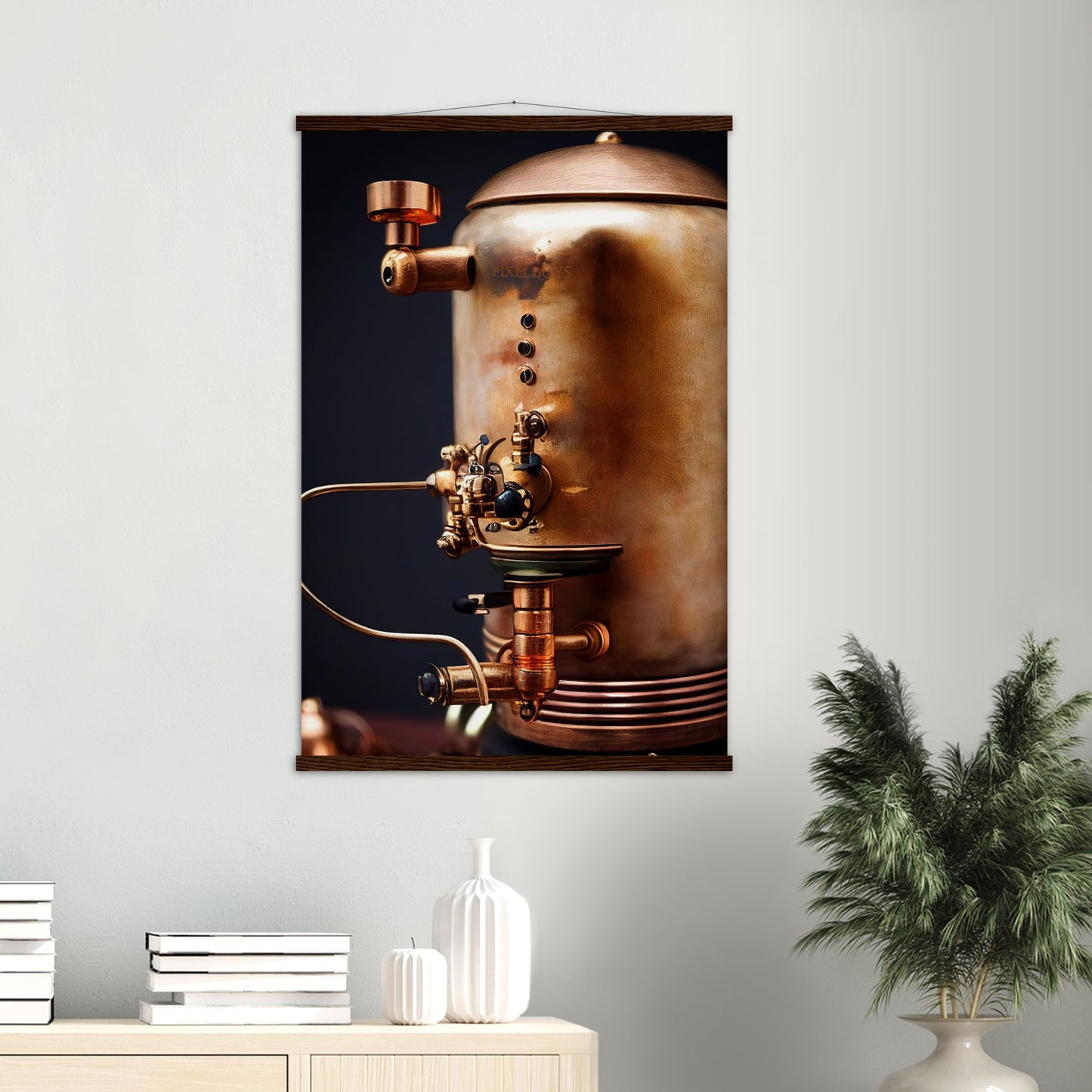 Poster mit Leisten (Holz) - Steampunk - Coffee Maker - No.5 - Collection Cup - Pixelboys - Wandbild - Kunstwerk - Hotelkunst - Kunst auf Postern - Fine Art - Steampunk - Future - Maschine - Poster with frame - Office Poster - Art Brand - Pixelboys - Coffee House - Restaurant Poster - Wall Art - Kunstdruck - Geschenkidee - Kunst auf Acrylglas - Future Coffee Cup - Personalisierbare Tasse - Gastro Tasse - exklusiv - Acryldruck - Gastronomie Poster - Hotelposter - Steam Punk Kitchen -   