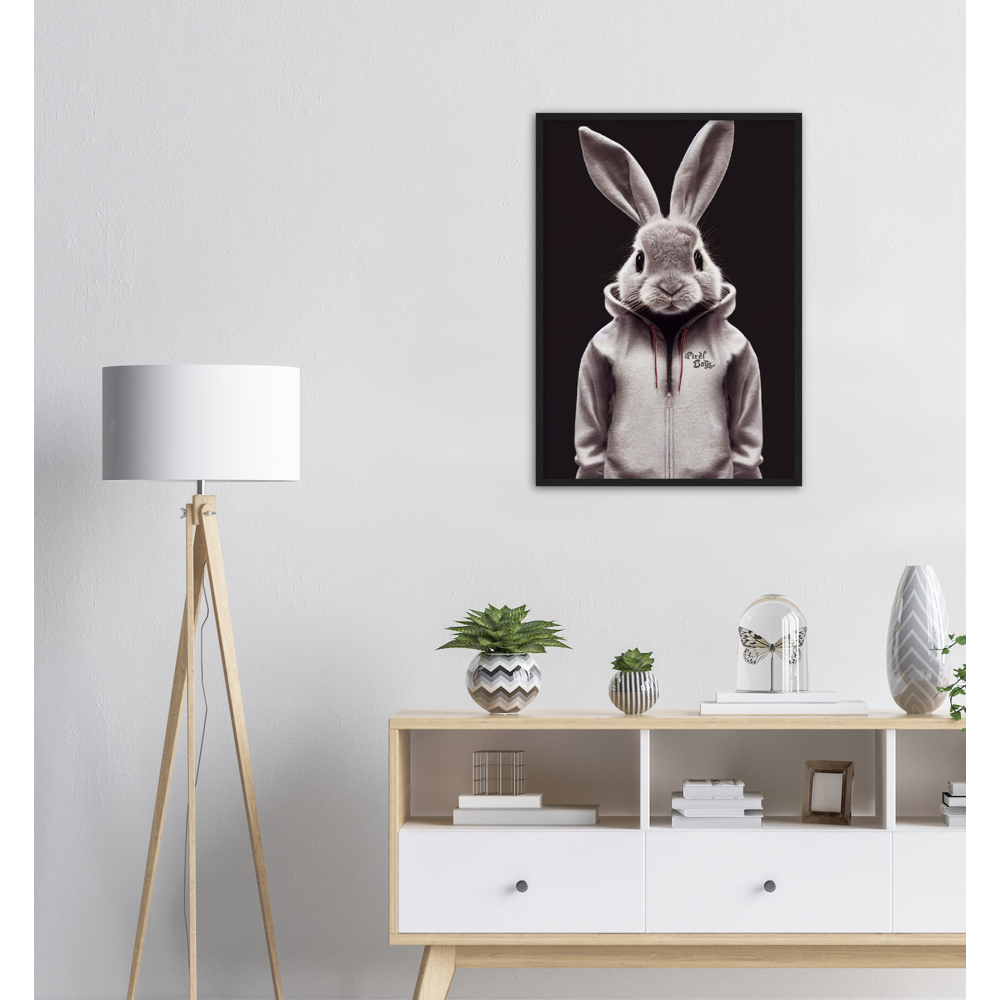 Poster mit Rahmen (Holz) - Bunny in grey tracksuit - Fashion Gang - Wandbild - Ostern - Geschenkidee - Osterhase - Bunny Crew: "Valerian" - "Caesar" - "Constantin" - "Cleo"-Titus - Weisser Hase - Easter Bunny - Cute - grey tracksuit - sweats - Alice's Adventures in Wonderland - Modemarke - Pixelboys Brand - Valerian der Hase - Kaninchen  - Künstler: "Pixelboys" - Atelier - Germany - Berlin - Hamburg - Colgne - France - Paris - Italy - Rom - USA - America - New York City - Los Angeles - Chicago - 