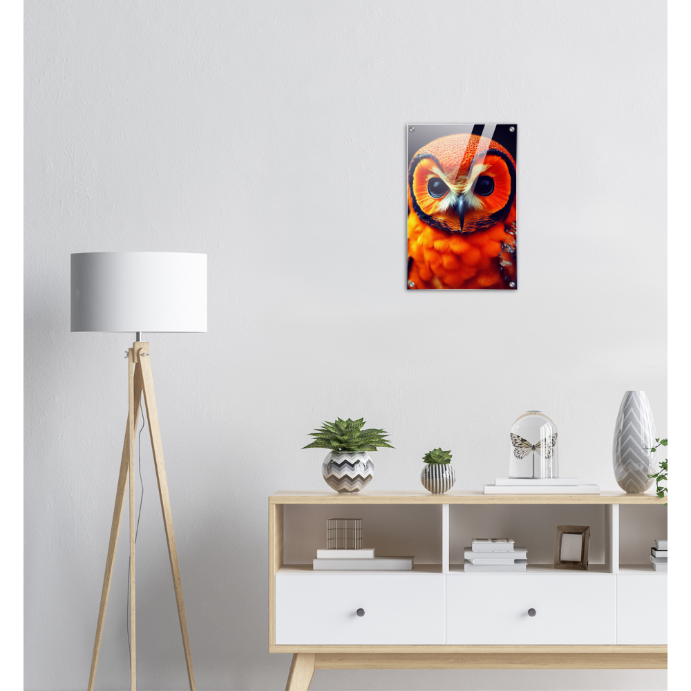 Acrylbild - Fruit Owl No. 1 - "Orangina", the orange owl - Serie Fruit Owls - Schleiereulen - lat. Tytonidae - Fruchteulen - Vogel - Bird - Strigiformes - Noctua - Ornithologie - Kunstwerk - Acryldruck - Poster mit Rahmen - Poster mit Leisten - Bedruckte Tassen - Kunst Marke - Art Brand - Pixelboys - Kunstdruck - Acryldruck - Wandbild - Kunstdrucke - Papier: 250g/qm - Künstler: John Grayst & Pixelboys - Eulen - Owl-  - Atelier - England - London - Birmingham - Manchester - Leeds - Liverpool  