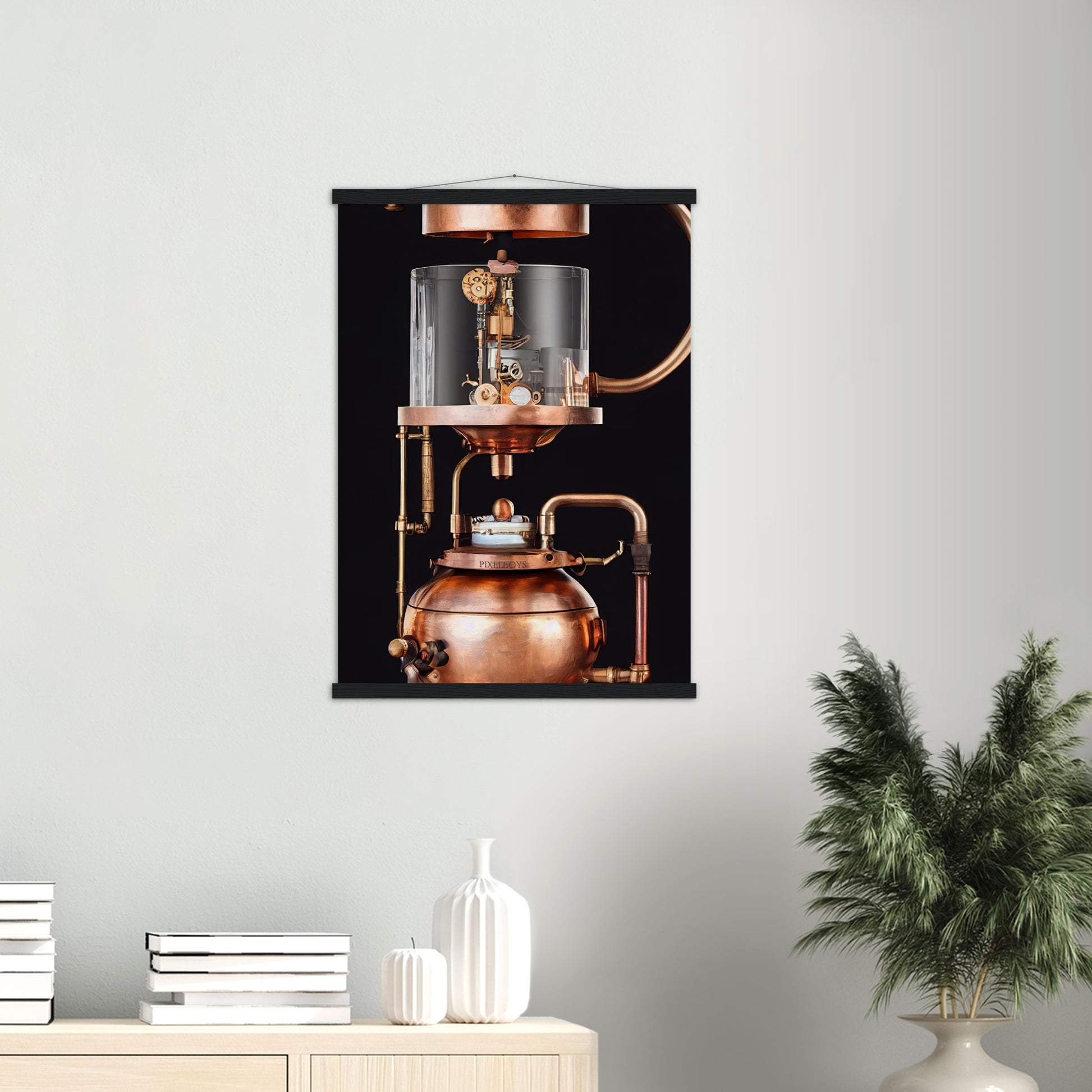 Poster mit Leisten (Holz) - Steampunk - Coffee Maker - No.6 - Collection Cup - Pixelboys - Wandbild - Kunstwerk - Hotelkunst - Kunst auf Postern - Fine Art - Steampunk - Future - Maschine - Poster with frame - Office Poster - Art Brand - Pixelboys - Coffee House - Restaurant Poster - Wall Art - Kunstdruck - Geschenkidee - Kunst auf Acrylglas - Future Coffee Cup - Personalisierbare Tasse - Gastro Tasse - exklusiv - Acryldruck - Gastronomie Poster - Hotelposter - Teestube - Steam Punk Kitchen -   