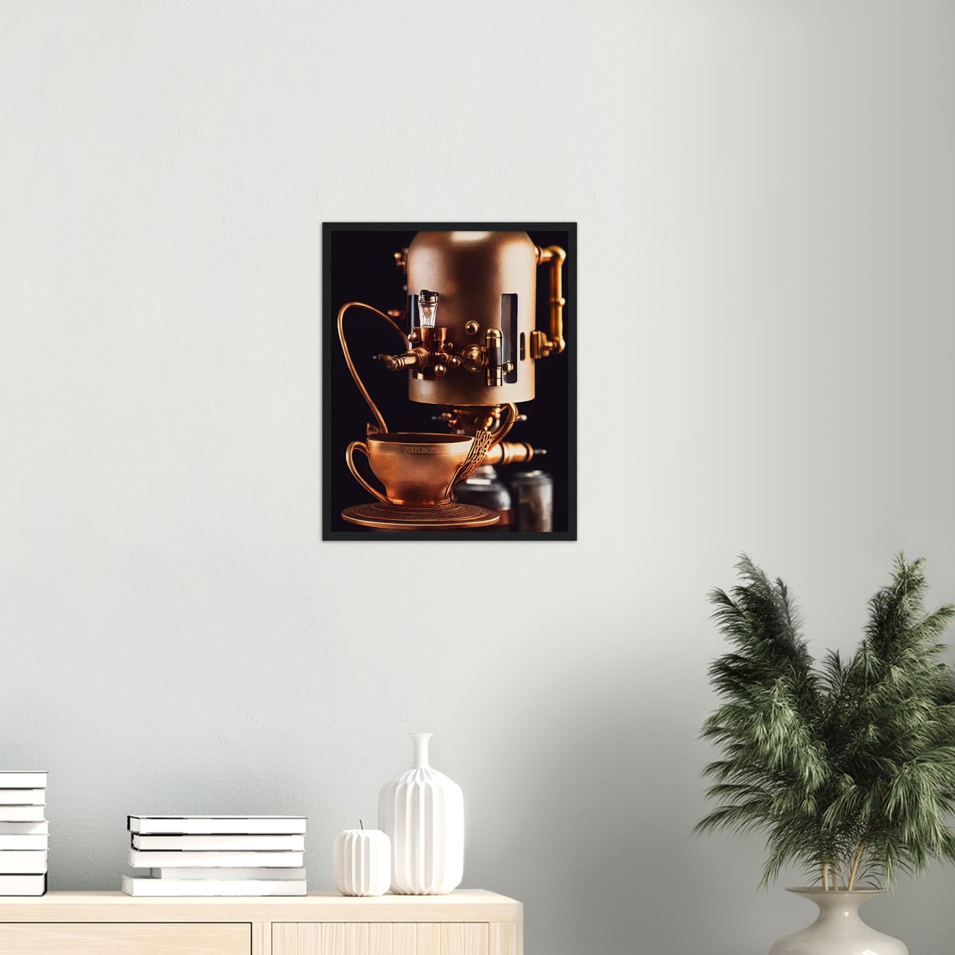 Poster mit Rahmen (Holz) - Steampunk - Coffee Maker - No.7 - Collection Cup - Pixelboys - Wandbild - Kunstwerk - Hotelkunst - Kunst auf Postern - Fine Art - Steampunk - Future - Maschine - Poster with frame - Office Poster - Art Brand - Pixelboys - Coffee House - Restaurant Poster - Wall Art - Kunstdruck - Geschenkidee - Kunst auf Acrylglas - Future Coffee Cup - Personalisierbare Tasse - Gastro Tasse - exklusiv - Acryldruck - Gastronomie Poster - Hotelposter - Teestube - Steam Punk Kitchen -   