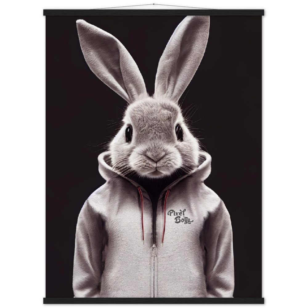 Poster mit Leisten (Holz) - Bunny in grey tracksuit - Fashion Gang - Wandbild - Ostern - Geschenkidee - Osterhase - Bunny Crew: "Valerian" - "Caesar" - "Constantin" - "Cleo"-Titus - Weisser Hase - Easter Bunny - Cute - grey tracksuit - sweats - Alice's Adventures in Wonderland - Modemarke - Pixelboys Brand - Valerian der Hase - Kaninchen  - Künstler: "Pixelboys" - Atelier - Germany - Berlin - Hamburg - Colgne - France - Paris - Italy - Rom - USA - America - New York City - Los Angeles - Chicago - 