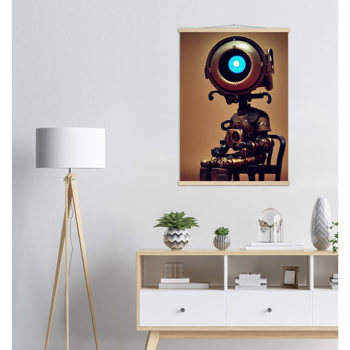 Poster mit Leisten (Holz) - Museumsqualität -  Tiny robot with coffee - "Bobby" - Wandkunst - Papierdicke: 250g/qm - Customizable Coffee Cup - Personalized Gifts - Kunstdruck - Kleine Roboter - Acryldruck - Little Robots - Personalized Gifts - Tiny  - Steampunk - zukunft - Poster with frame - Kunstwerk - Office Poster - Poster mit Rahmen - Kaffee Tasse - Poster - Bedruckte Tassen - Kunst Marke - Art Brand - Wandbild - Kunstdrucke - Künstler: John Grayst & Pixelboys - emotional robots - Geschenkidee -