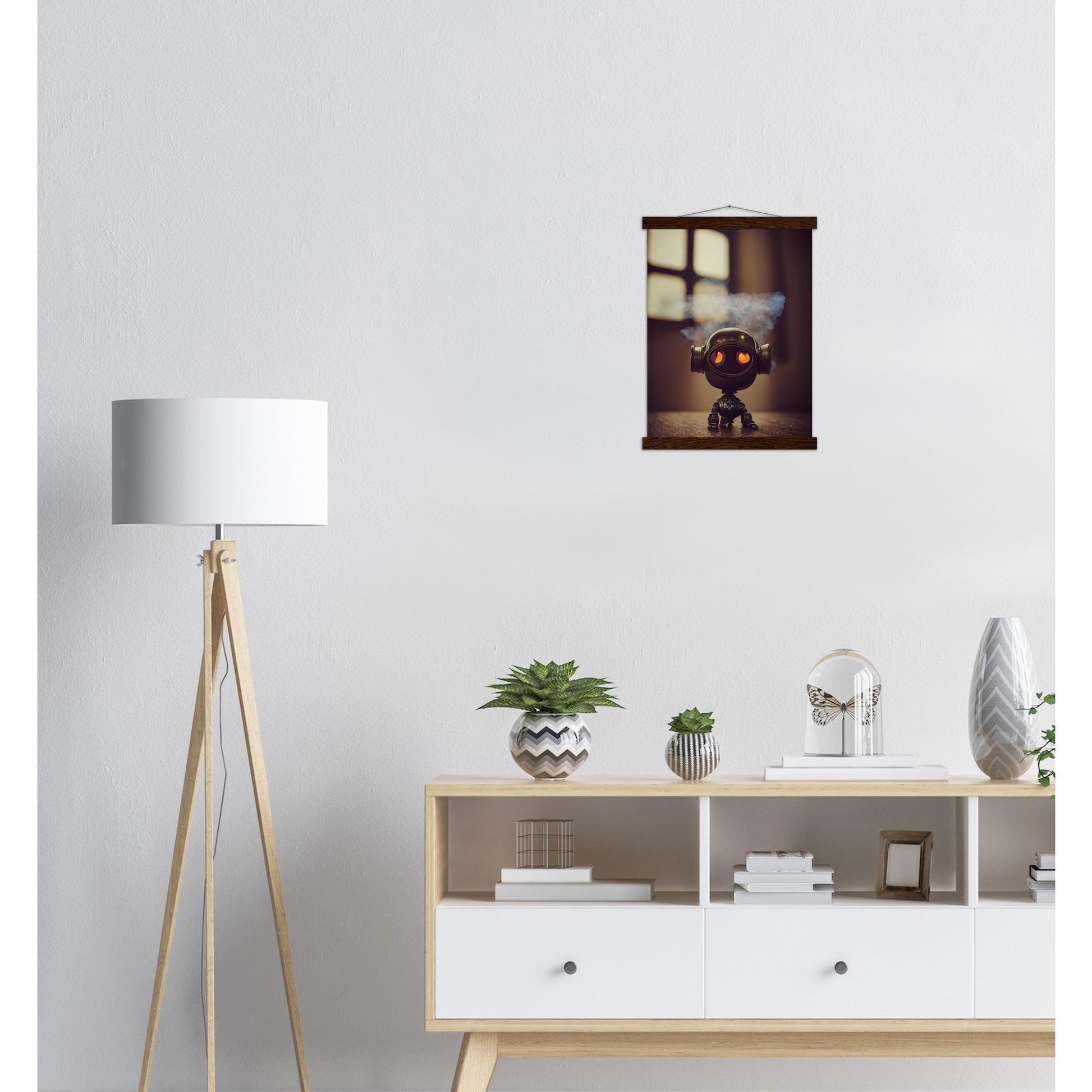 Poster mit Leisten (Holz) in Museumsqualität - Tiny robot - with smoke around his head - "Tiny Tim" - Wandbild - Customizable Coffee Cup - Personalized Gifts - Kunstdruck - Rauchender Roboter - Steampunk - Acryldruck - Smoking Robots - Personalized Gifts - Poster with frame - Wall Art - - zukunft - Kunstwerk - Office Poster - Poster mit Rahmen - Kaffee Tasse  - Bedruckte Tassen - Kunst Marke - Art Brand - Wandbild - Kunstdrucke - Künstler: John Grayst & Pixelboys - emotional robots - Geschenkidee 