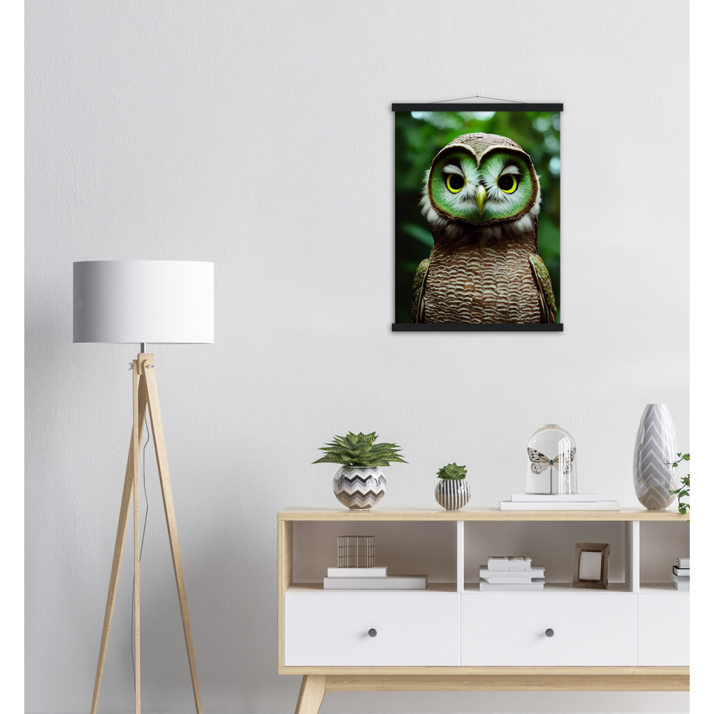 Poster mit Leisten (Holz) - Fruit Owl No. 4 - "Kiki", the Kiwi Owl - Wandkunst - Kunstdruck - (lat. tyto actinidia) - Kiwi Eule - Kiwi Owl - Fruchteulen - Vogel - Bird - Strigiformes - Noctua - Ornithologie - Kunstwerk  - Office Poster - Poster mit Rahmen - Kaffee Tasse - Poster mit Leisten - Bedruckte Tassen - Kunst Marke - Art Brand - Acryldruck - Wandbild - Kunstdrucke - Papier: 250g/qm - Künstler: John Grayst & Pixelboys - Eulen - Owl - Geschenkidee - 