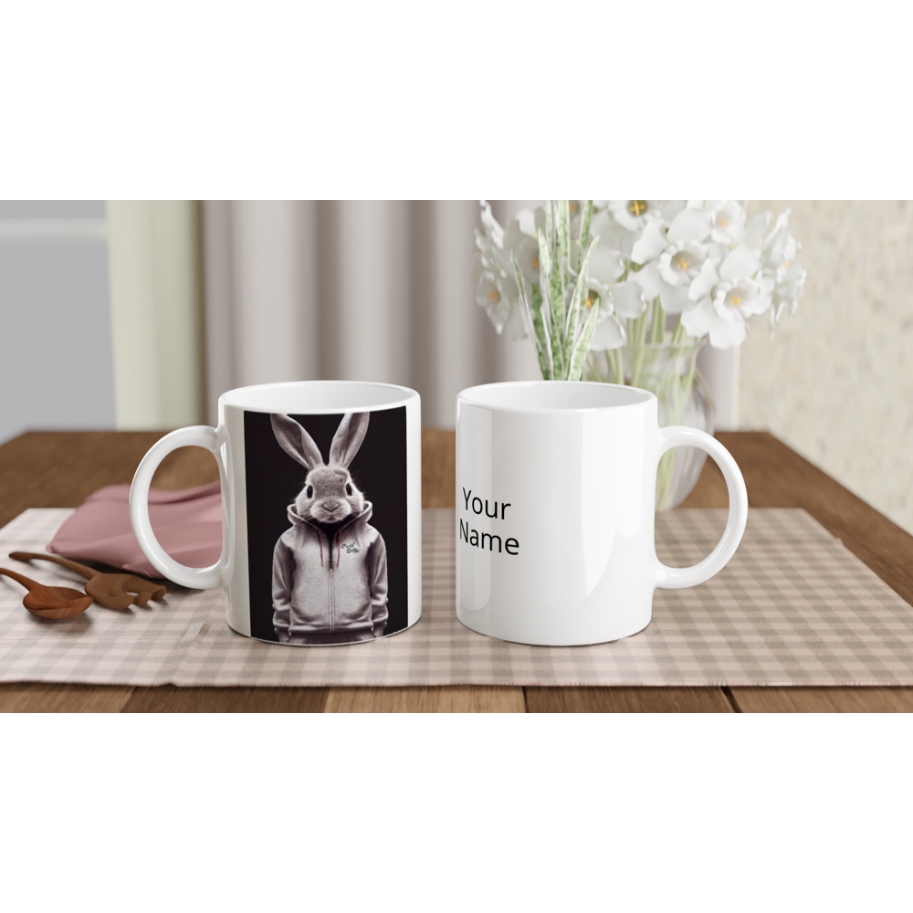 Personalisierte Tasse - Bunny in grey tracksuit - Fashion Gang - Tee Becher - Ostern - Geschenkidee - Osterhase - Bunny Crew: "Valerian" - "Caesar" - "Constantin" - "Cleo"-Titus - Weisser Hase - Easter Bunny - Cute - grey tracksuit - sweats - Alice's Adventures in Wonderland - Modemarke - Pixelboys Brand - Valerian der Hase - Kaninchen  - Künstler: "Pixelboys" - Atelier - Germany - Berlin - Hamburg - Colgne - France - Paris - Italy - Rom - USA - America - New York City - Los Angeles - Chicago - 