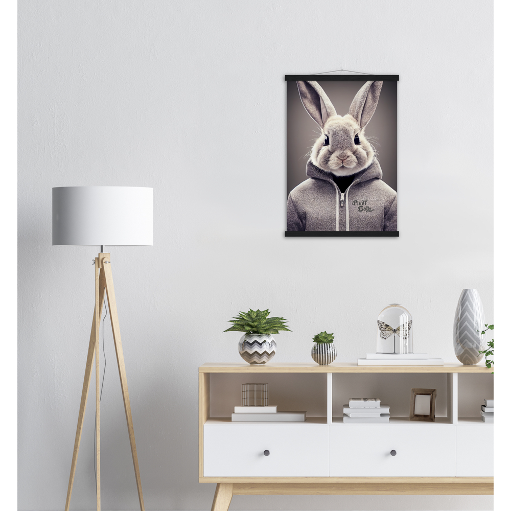 Poster mit Leisten (Holz) - Bunny in grey Hoodie - "Constantin" - Fashion Gang - Wandbild - Ostern - Geschenkidee - Osterhase - Bunny Crew: "Constantin" - "Caesar" - "Titus" - "Cleo" - Weisser Hase - Easter Bunny - Cute - grey Hoodie - sweats - Alice's Adventures in Wonderland - Modemarke - Pixelboys Brand - Constantin der Hase - Hase - Kaninchen  - Künstler: "Pixelboys" - Atelier - Germany - Berlin - Hamburg - Colgne - France - Paris - Italy - Rom - USA - America - New York City - Los Angeles - Chicago - 