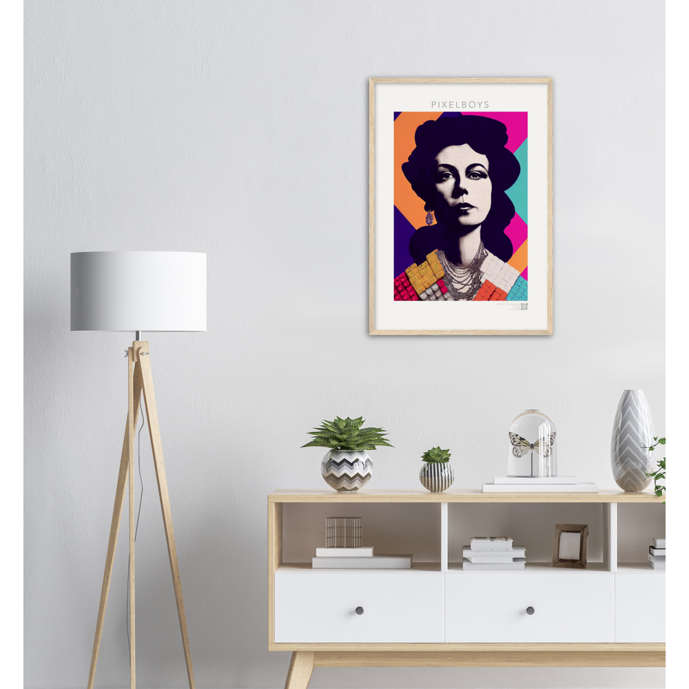 Poster mit Rahmen (Holz) - in Museumsqualität - The Queen No.3 - HRH in cubes - Kunstdruck - 250g/qm - Queen Elisabeth II - Monarch - HRH - His/Her Royal Highness - Groß Britannien - Commonwealth - The Royal Family - Wandbild - Kubismus - synthetischen Kubismus - Georges Braque - Künstler: "John Grayst" - Atelier - UK - GB - London - RIP 