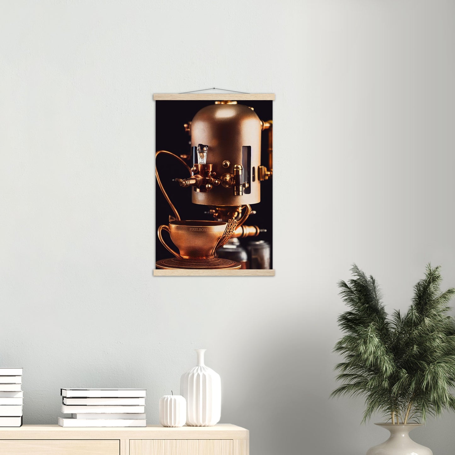 Poster mit Leisten (Holz) - Steampunk - Coffee Maker - No.7 - Collection Cup - Pixelboys - Wandbild - Kunstwerk - Hotelkunst - Kunst auf Postern - Fine Art - Steampunk - Future - Maschine - Poster with frame - Office Poster - Art Brand - Pixelboys - Coffee House - Restaurant Poster - Wall Art - Kunstdruck - Geschenkidee - Kunst auf Acrylglas - Future Coffee Cup - Personalisierbare Tasse - Gastro Tasse - exklusiv - Acryldruck - Gastronomie Poster - Hotelposter - Teestube - Steam Punk Kitchen -   