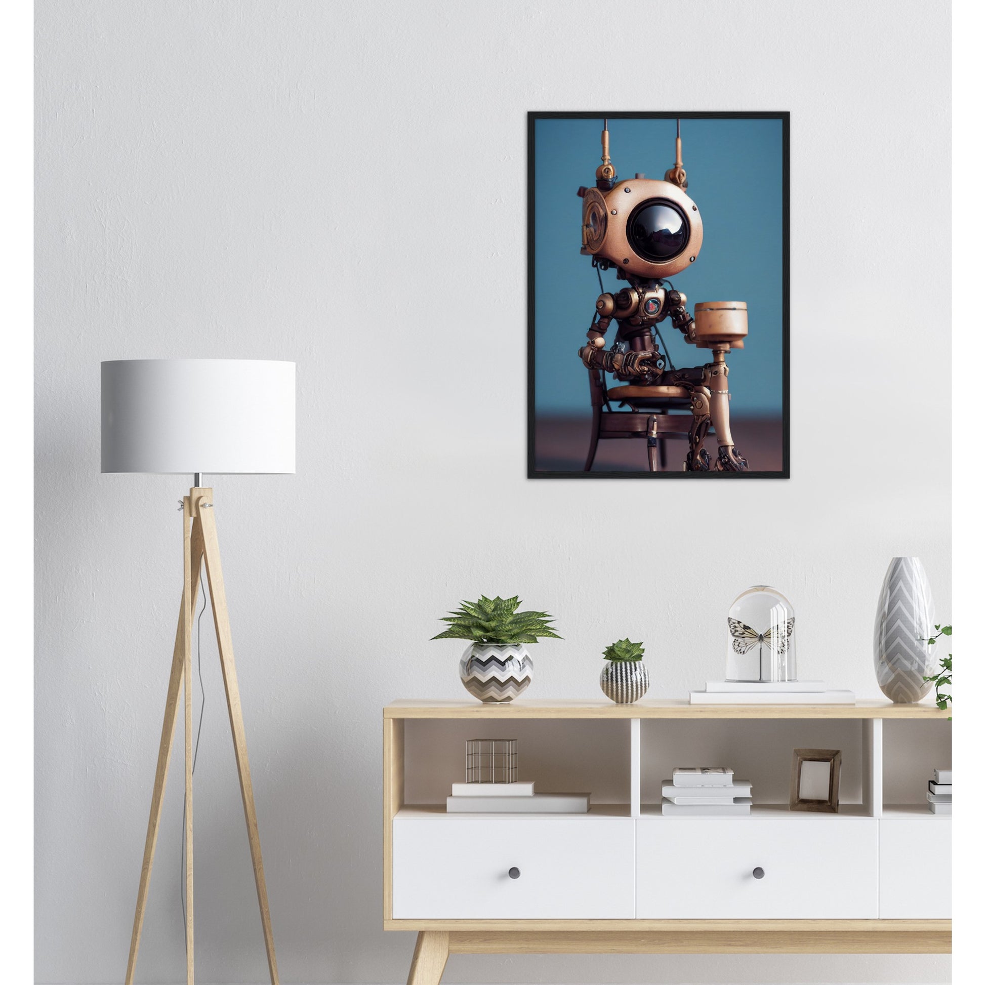 Poster mit Rahmen (Holz) in Museumsqualität - Tiny robot with a present - "Tiny Sam" - Wandbild - Customizable Coffee Cup - Personalized Gifts - Kunstdruck - Roboter mit Geschenk - Steampunk - Acryldruck - Present Robots - Personalized Gifts - Poster with frame - nr.5 lebt - zukunft - Kunstwerk - Office Poster - Poster mit Rahmen - Kaffee Tasse  - Bedruckte Tassen - Kunst Marke - Art Brand - Wandbild - Kunstdrucke - Künstler: John Grayst & Pixelboys - emotional robots - Geschenkidee -