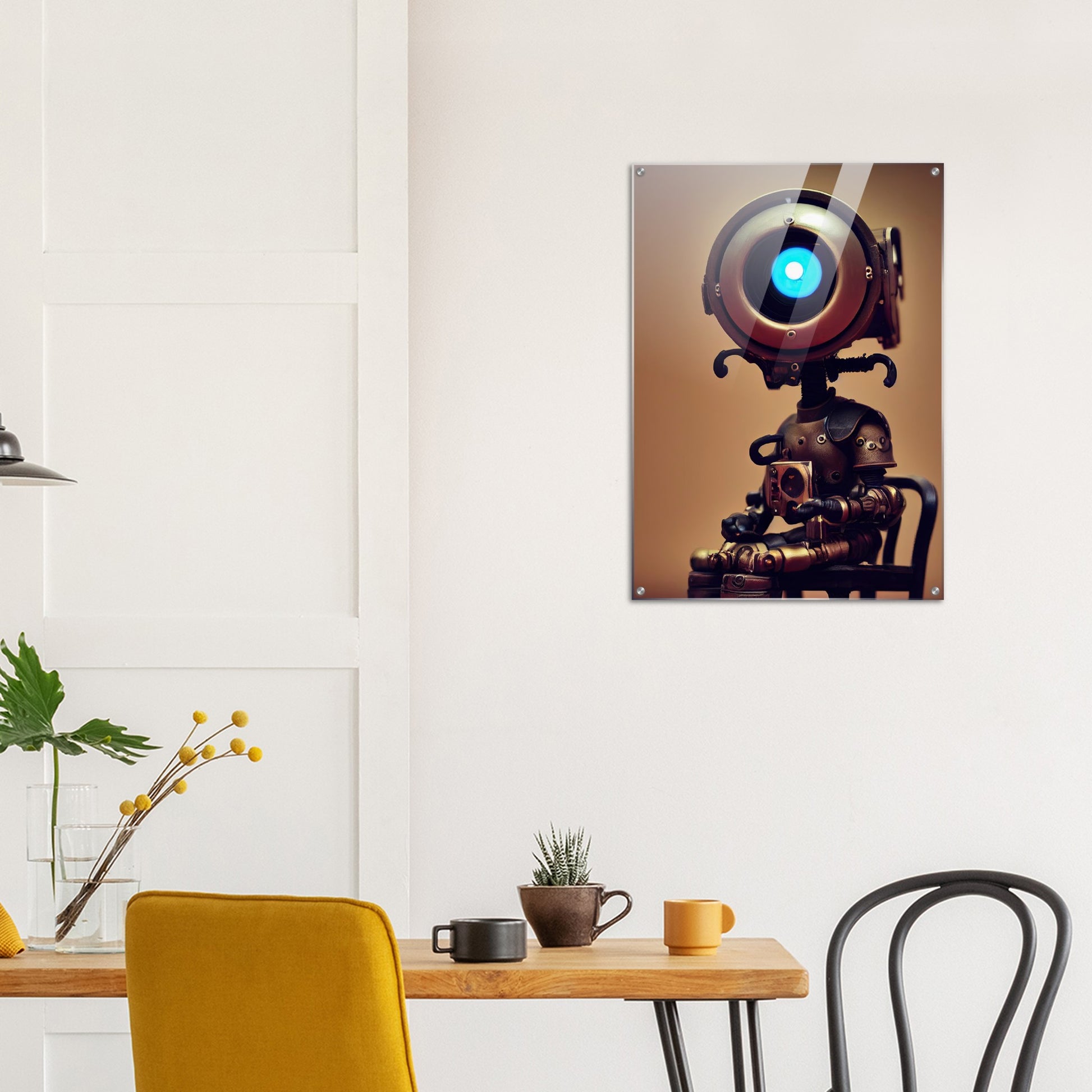 Acrylbild - Museumsqualität -  Tiny robot with coffee - "Bobby" - Acryldruck - Wandkunst - Papierdicke: 250g/qm - Customizable Coffee Cup - Personalized Gifts - Kunstdruck - Kleine Roboter - Acryldruck - Little Robots - Personalized Gifts - Tiny  - Steampunk - zukunft - Poster with frame - Kunstwerk - Office Poster - Poster mit Rahmen - Kaffee Tasse - Poster - Bedruckte Tassen - Kunst Marke - Art Brand - Wandbild - Kunstdrucke - Künstler: John Grayst & Pixelboys - emotional robots - Geschenkidee -