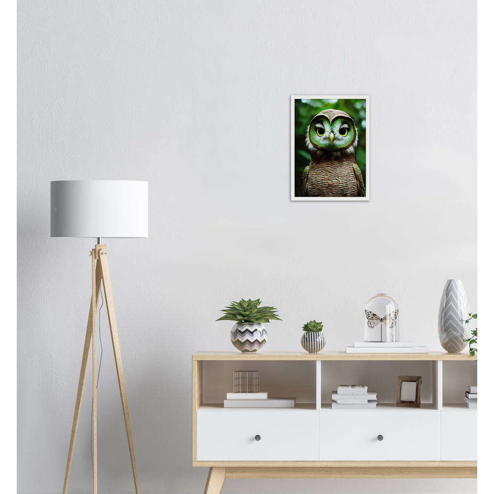 Poster mit Rahmen - Fruit Owl No. 4 - "Kiki", the Kiwi Owl - Wandkunst - Kunstdruck - (lat. tyto actinidia) - Kiwi Eule - Kiwi Owl - Fruchteulen - Vogel - Bird - Strigiformes - Noctua - Ornithologie - Kunstwerk  - Office Poster - Poster mit Rahmen - Kaffee Tasse - Poster mit Leisten - Bedruckte Tassen - Kunst Marke - Art Brand - Acryldruck - Wandbild - Kunstdrucke - Papier: 250g/qm - Künstler: John Grayst & Pixelboys - Eulen - Owl - Geschenkidee - 