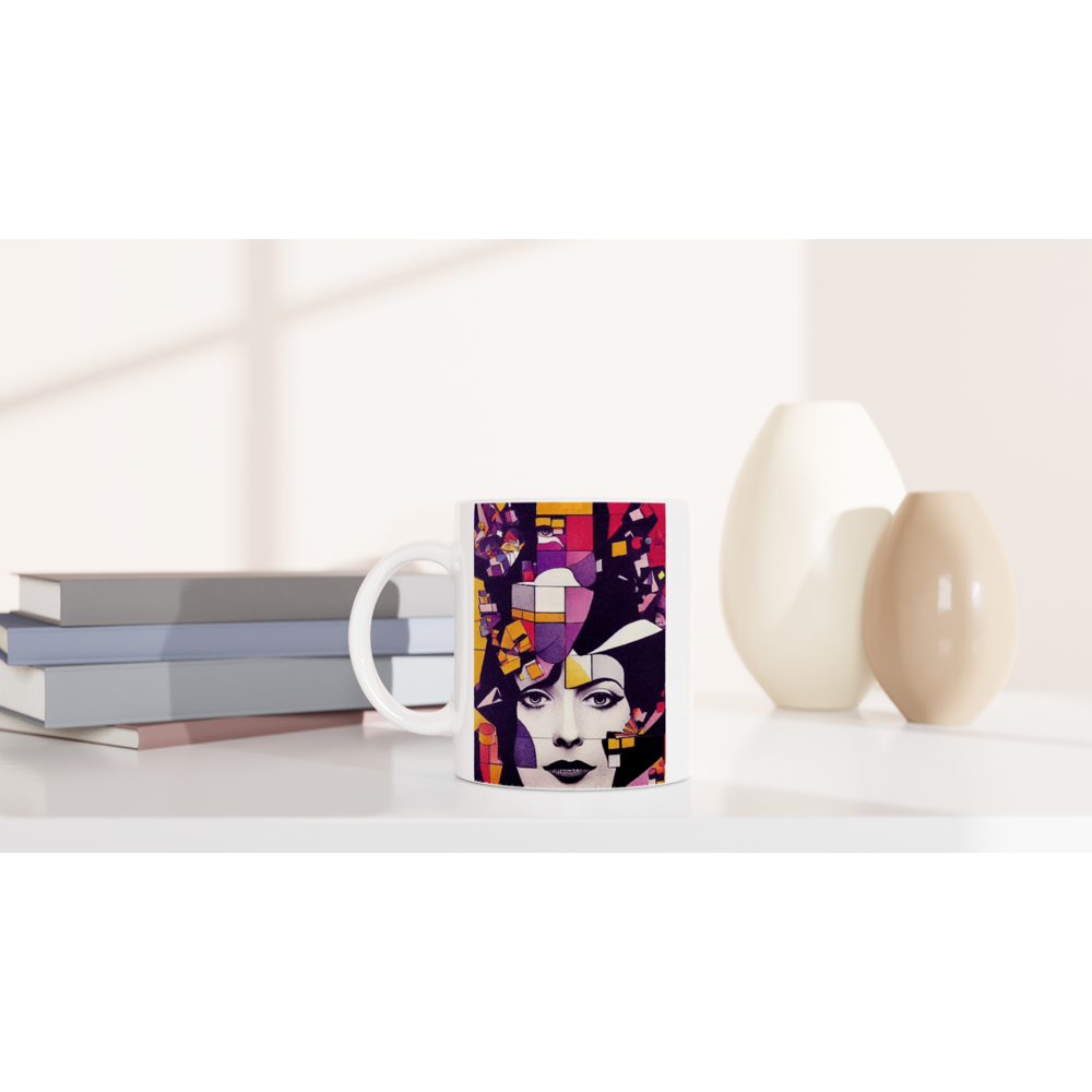 Personalisierte Tasse - The Queen No.3 - HRH in cubes - Kunstdruck - Bedruckte Tasse - Kaffebecher - Teebecher - Queen Elisabeth II - Monarch - HRH - His/Her Royal Highness - Groß Britannien - Commonwealth - The Royal Family - Wandbild - Kubismus - synthetischen Kubismus - Georges Braque - Künstler: "John Grayst" - Atelier - UK - GB - London -  