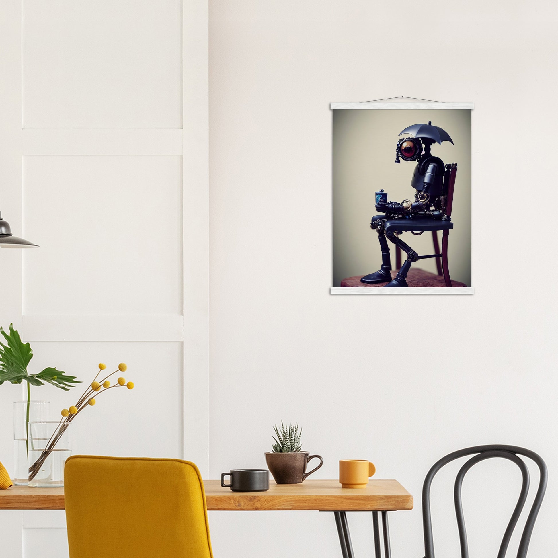  Poster mit Leisten (Holz) in Museumsqualität - Tiny robot with an umbrella "Louis" - Regenschirm - Acryldruck - Wandkunst - Customizable Coffee Cup - Personalized Gifts - Kunstdruck - Kleine Roboter - Acryldruck - Little Robots - Personalized Gifts - Tiny  - Steampunk - zukunft - Poster with frame - Kunstwerk - Office Poster - Poster mit Rahmen - Kaffee Tasse - Poster - Bedruckte Tassen - Kunst Marke - Art Brand - Kunstdrucke - Künstler: John Grayst & Pixelboys - emotional robots - Geschenkidee -