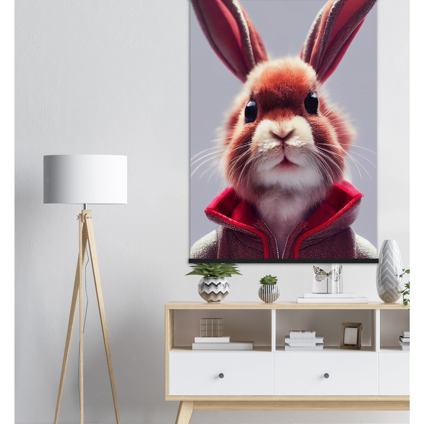 Poster mit Leisten (Holz)- Museumsqualität - Bunny in grey red tracksuit - "Julius" - personalized mug - customized mug - Cute rabbit - Marke:- Pixelboys - Brand - Art Prints - Marke - Wandkunst - Papierstärke: 250g/qm - Wall Art - Bunny crew - Skater Betty - Hasen Gang - Original - Künstler:Pixelboys - Poster with frame - Office Poster - Acrylkunst - Trend - Wandschmuck - Acrylbild - Atelier Canada - 