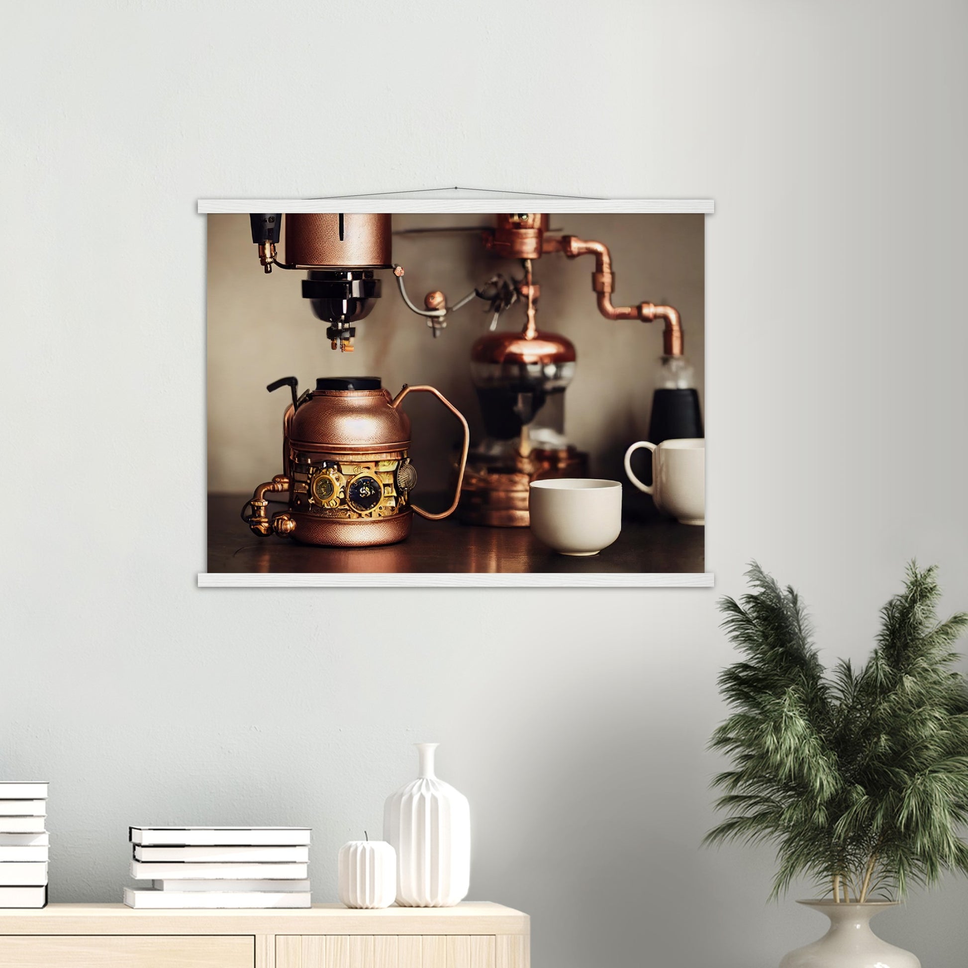 Poster mit Leisten (Holz) - in Museumsqualität - Steampunk - Coffee Maker - No.1 - Wandbild - Kunstwerk - Kunst auf Postern - Fine Art - Steampunk - Future - Maschine - Poster with frame - Office Poster - Art Brand - Pixelboys - Coffee House - Restaurant Poster - Schöner Wohnen - Dekoration - Wall Art - Kunstdruck - Geschenkidee - Kunst auf Acrylglas - Personalisierbare Tasse - Gastro Poster - Gewerbliche Poster - exklusiv