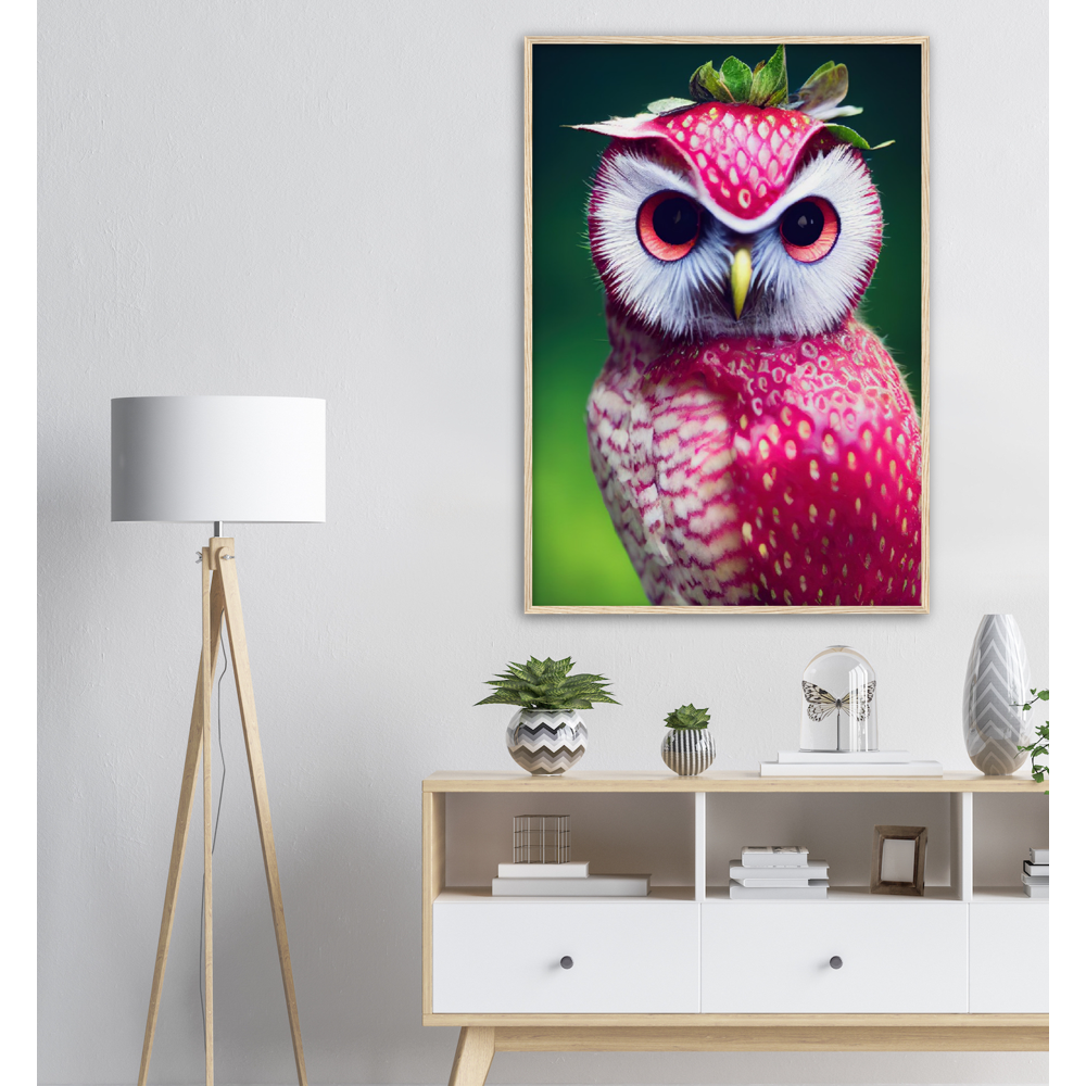 Poster in Rahmen (Holz) - Fruit Owl No. 2 - "Berry", the Strawberry Owl - Serie Fruit Owls - Wandkunst - Kunstdruck - (fiktiv: lat.  Pulsatrix Fragaria) - Erdbeere - Schleiereulen - Fruchteulen - Vogel - Bird - Strigiformes - Noctua - Ornithologie - Kunstwerk  - Office Poster - Poster mit Rahmen - Kaffee Tasse - Poster mit Leisten - Bedruckte Tassen - Kunst Marke - Art Brand - Acrylbild - Wandbild - Kunstdrucke - Papier: 250g/qm - Künstler: John Grayst & Pixelboys - Eulen - Owl - Geschenkidee - 