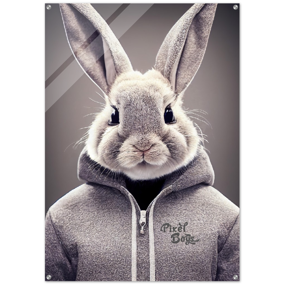 Acrylbild - Bunny in grey Hoodie - "Constantin" - Fashion Gang - Acryldruck - Ostern - Geschenkidee - Osterhase - Bunny Crew: "Constantin" - "Caesar" - "Titus" - "Cleo" - Weisser Hase - Easter Bunny - Cute - grey Hoodie - sweats - Alice's Adventures in Wonderland - Modemarke - Pixelboys Brand - Constantin der Hase - Hase - Kaninchen  - Künstler: "Pixelboys" - Atelier - Germany - Berlin - Hamburg - Colgne - France - Paris - Italy - Rom - USA - America - New York City - Los Angeles - Chicago - 