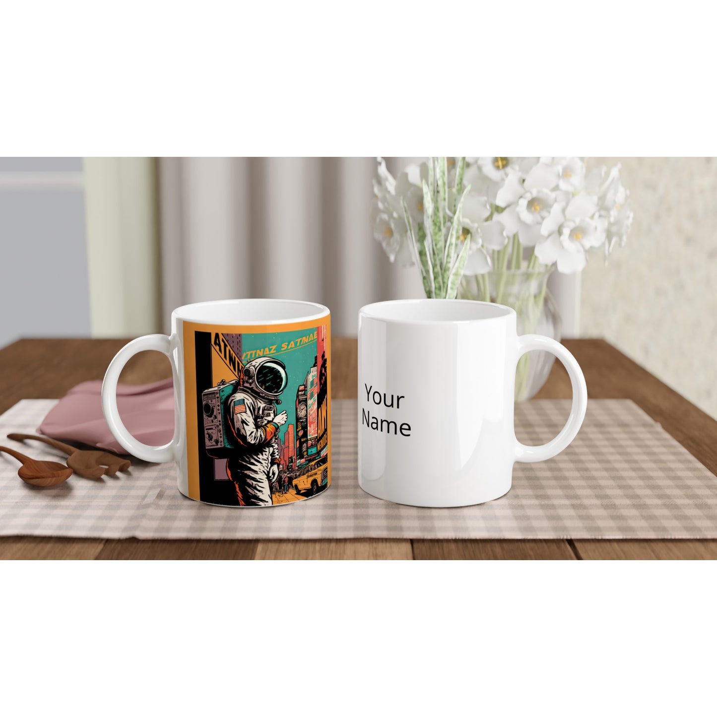 Personalisierte Tasse (bedruckt) in Museumsqualität - Astronaut at the NY Time Square - Illustration - Astronaut - New York - Rocketman - Posterleisten - USA - Fineart - Posterrahmen  - Wandkunst - Holzrahmen - Poster with frame - artwork - art brand - printed cup personalized - Holzleisten - pixelboys - Kunstdrucke - wandbilder - wall art - Kunst auf Tassen  - Office Poster - Gastrotassen - Wanddekoration - Acrylkunst - Geschenkidee - Office Poster - Acryldruck - Abstrakte Kunst -