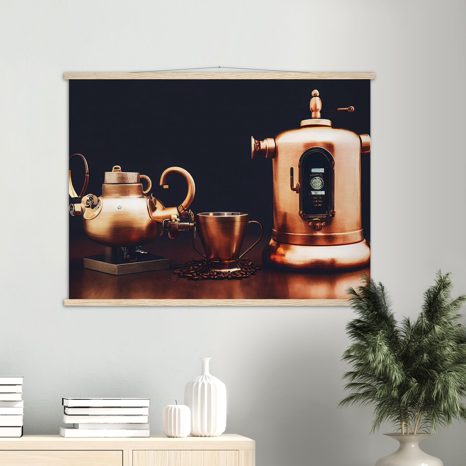 Poster mit Leisten (Holz) - in Museumsqualität - Steampunk - Coffee Maker - No.4 - Collection Cup - Pixelboys - Wandbild - Kunstwerk - Hotelkunst - Kunst auf Postern - Fine Art - Steampunk - Future - Maschine - Poster with frame - Office Poster - Art Brand - Pixelboys - Coffee House - Restaurant Poster - Wall Art - Kunstdruck - Geschenkidee - Kunst auf Acrylglas - Future Coffee Cup - Personalisierbare Tasse - Gastro Tasse - exklusiv - Acryldruck - Gastronomie Poster - Hotelposter - Steam Punk Kitchen -   